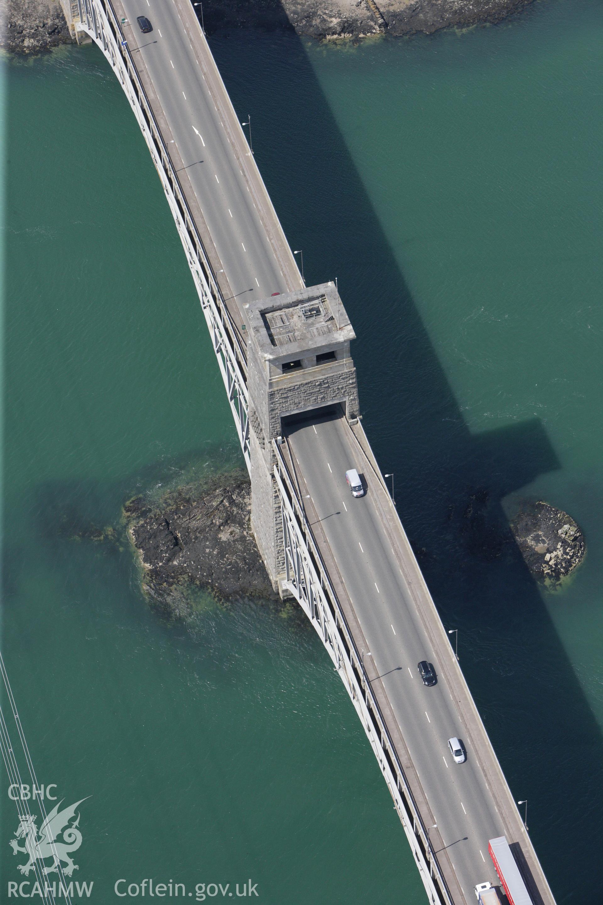 RCAHMW colour oblique aerial photograph of Britannia Tubular Bridge, Menai Strait. Taken on 16 June 2009 by Toby Driver