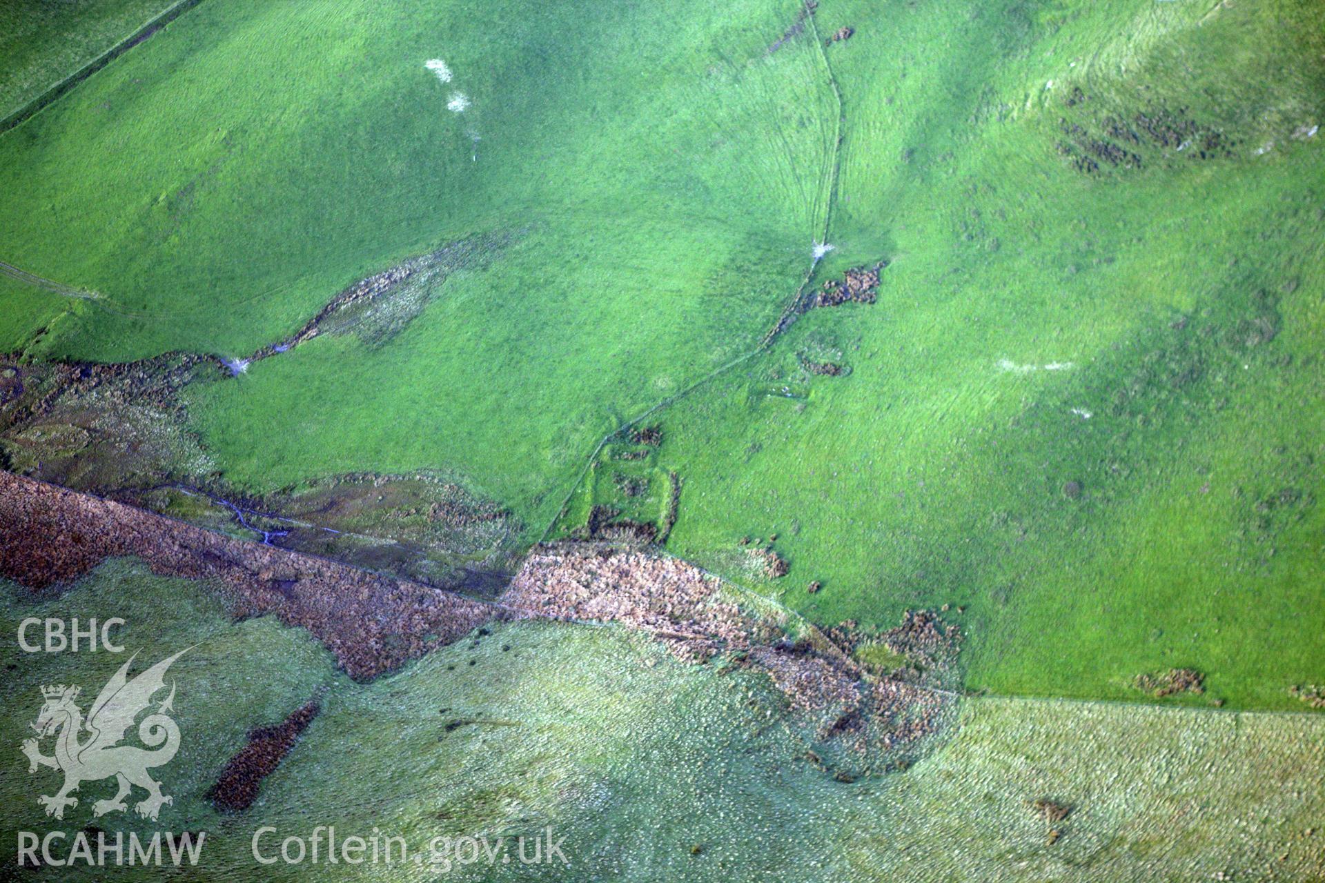 RCAHMW colour oblique aerial photograph of Banc Erw Barfe Deserted Rural Settlement. Taken on 09 November 2009 by Toby Driver