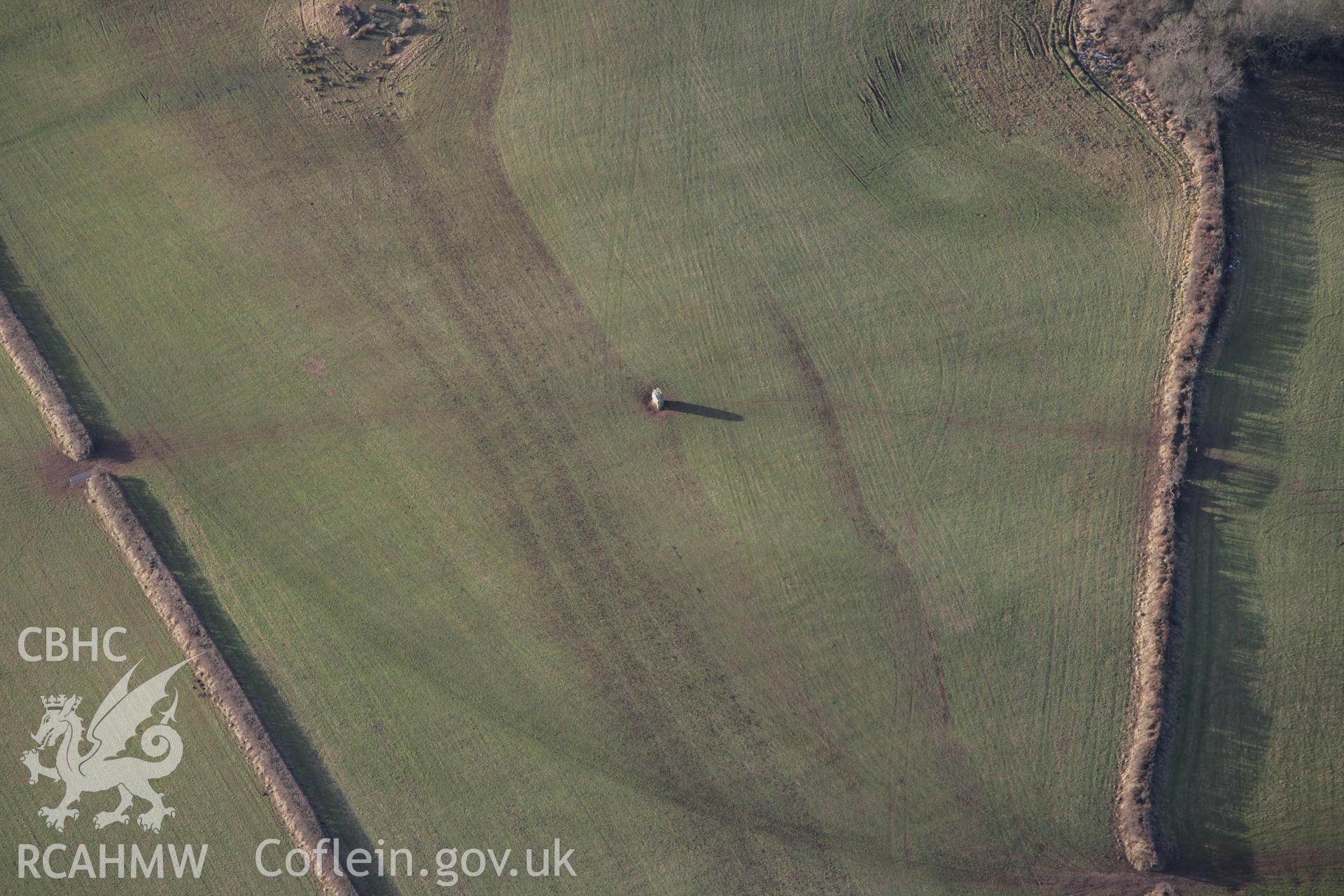 RCAHMW colour oblique photograph of Maen Llwydn; Carreg llwyd, Llanstephan. Taken by Toby Driver on 11/02/2009.