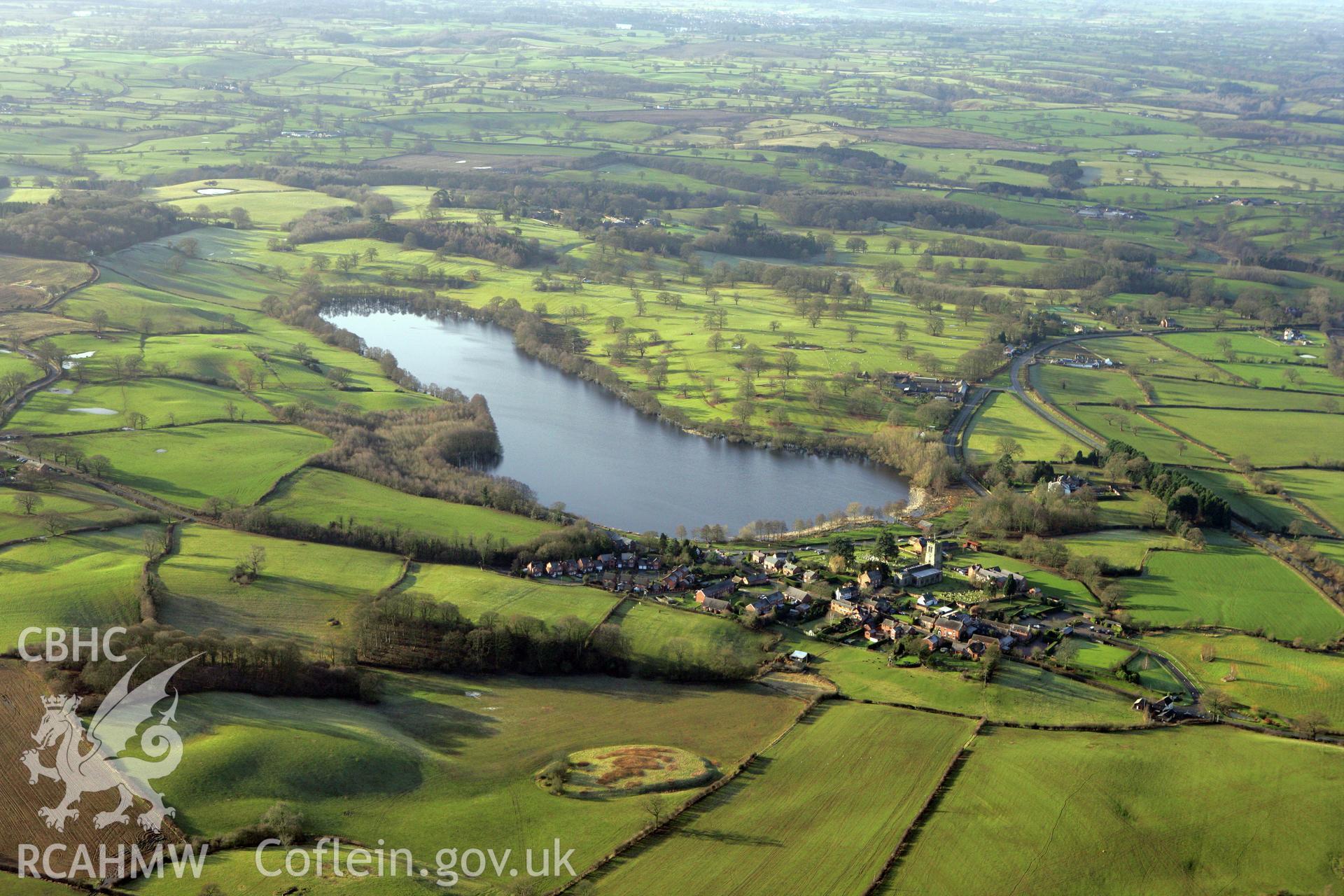 RCAHMW colour oblique photograph of Hanmer village, from the north-east. Taken by Toby Driver on 21/01/2009.