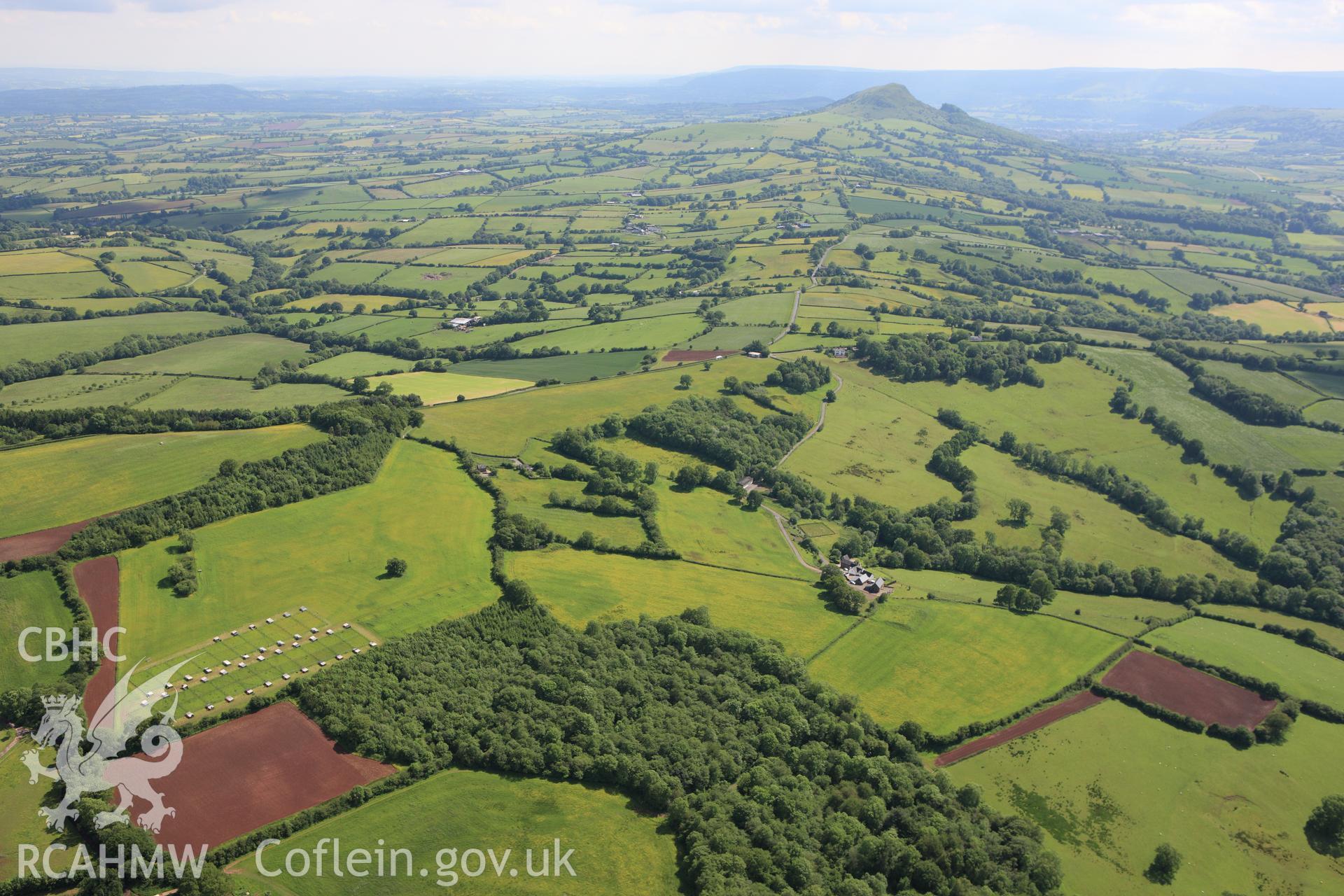 RCAHMW colour oblique aerial photograph of Campston Hill, near Llangattock Lingoed. Taken on 11 June 2009 by Toby Driver