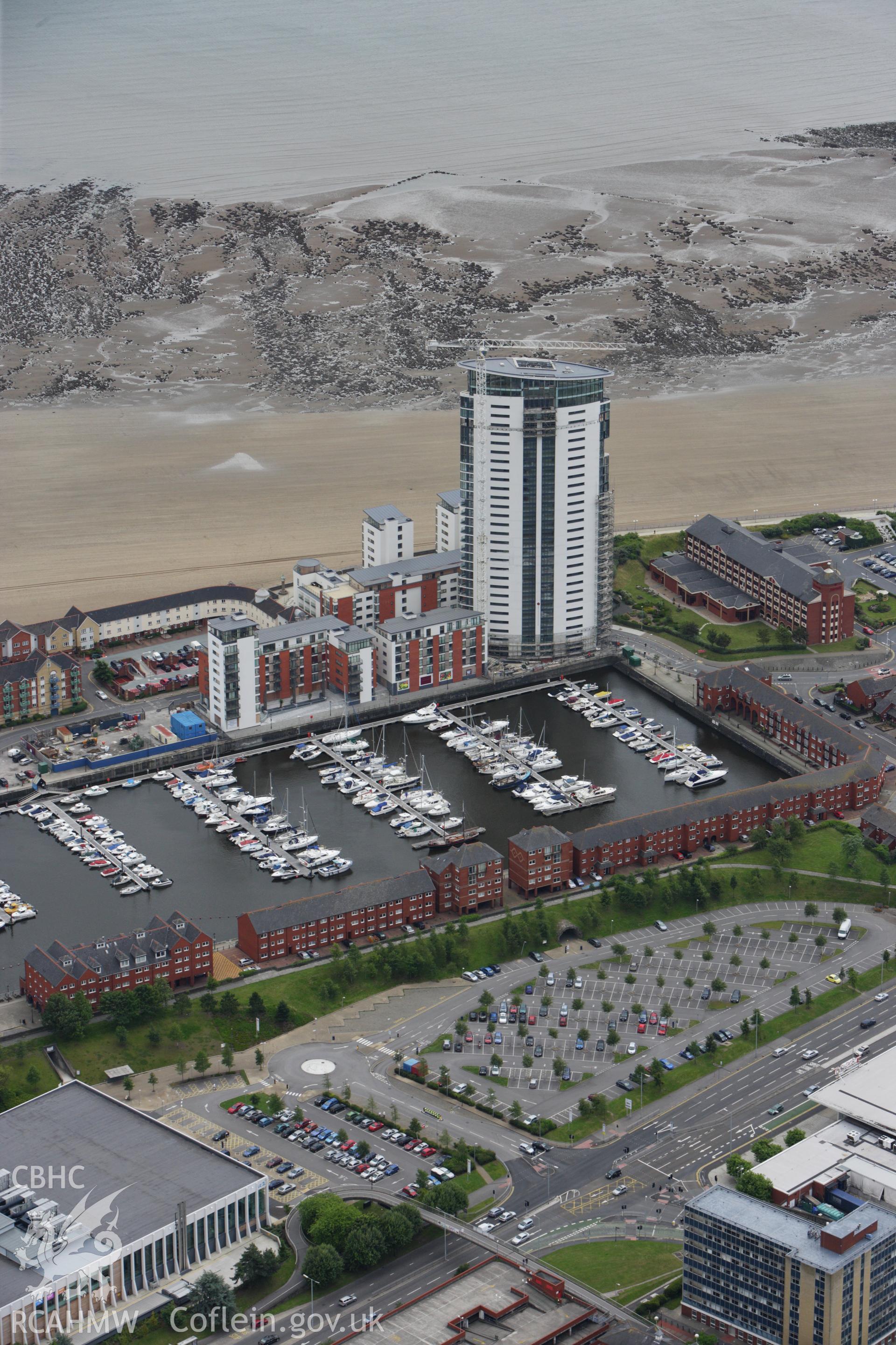 RCAHMW colour oblique aerial photograph of Meridian Quay Development, Swansea. Taken on 09 July 2009 by Toby Driver