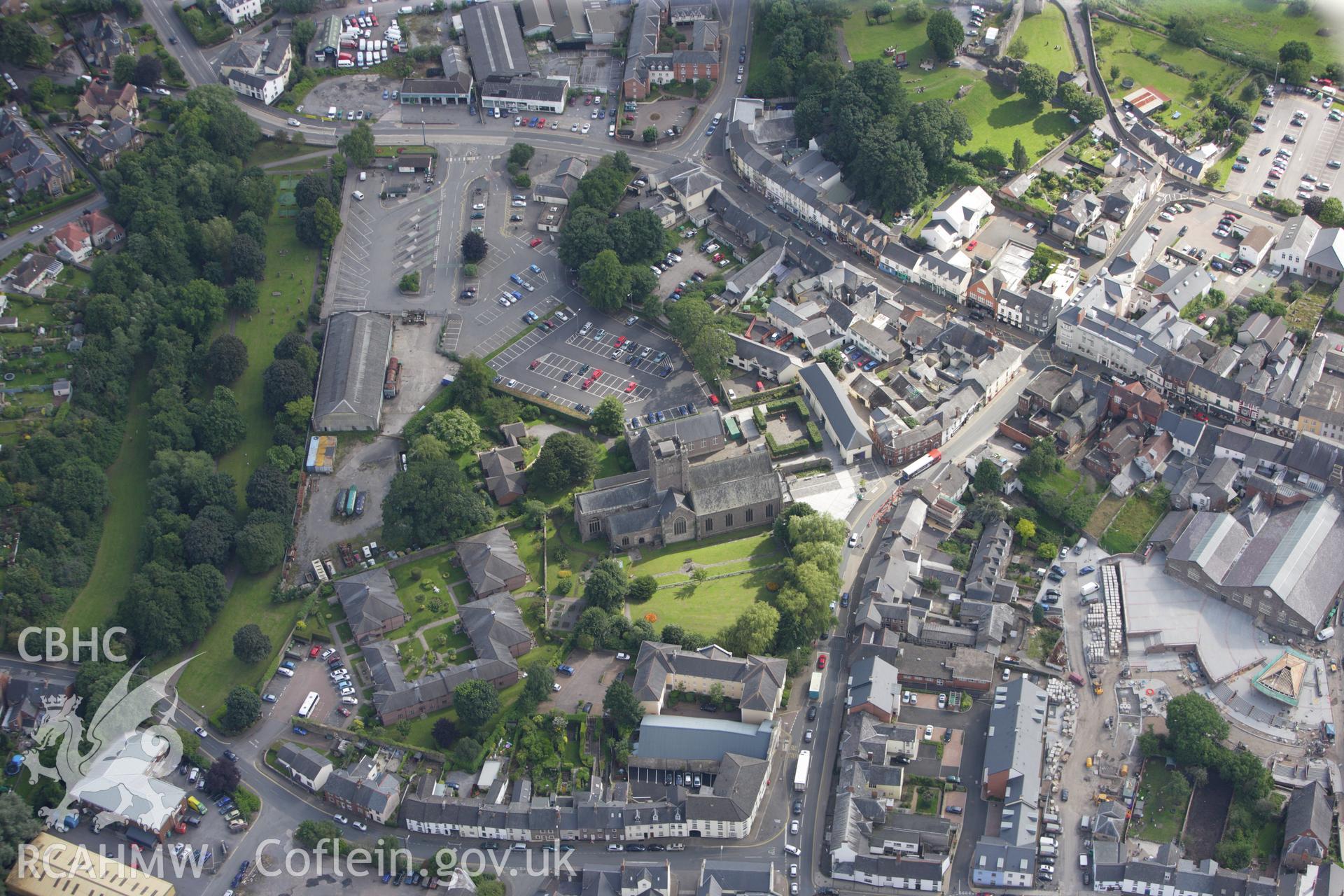 RCAHMW colour oblique aerial photograph of St Mary's Priory (Benedictine), Abergavenny. Taken on 23 July 2009 by Toby Driver