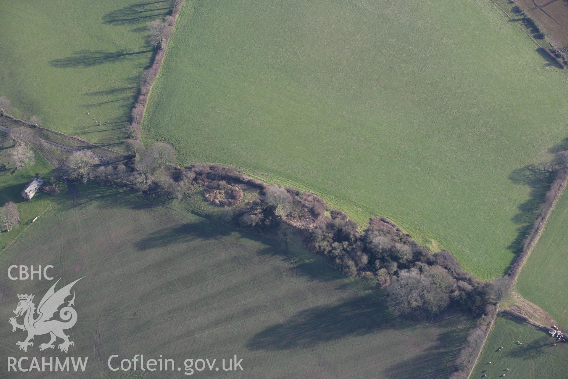 RCAHMW colour oblique photograph of Castell Aber Taf, motte and bailey. Taken by Toby Driver on 11/02/2009.