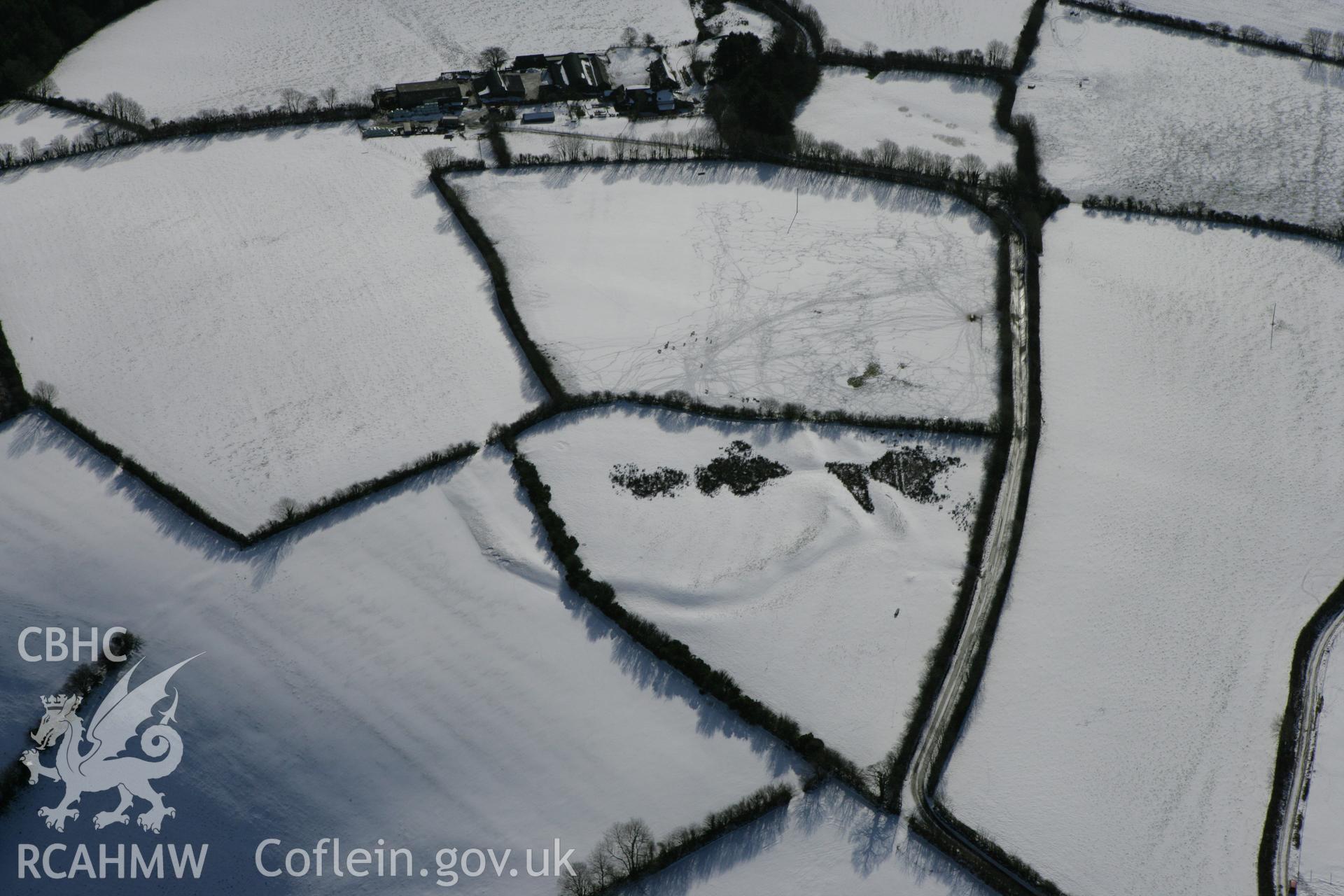 RCAHMW colour oblique photograph of Castell Mawr, Trelech a'r Betws. Taken by Toby Driver on 06/02/2009.