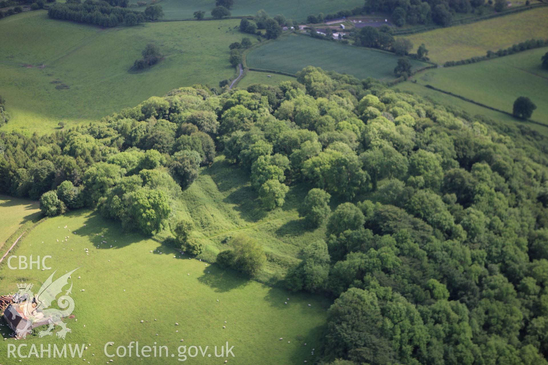 RCAHMW colour oblique aerial photograph of Coed-y-Bwnyff Enclosure (Coed y Bwynydd Camp). Taken on 11 June 2009 by Toby Driver