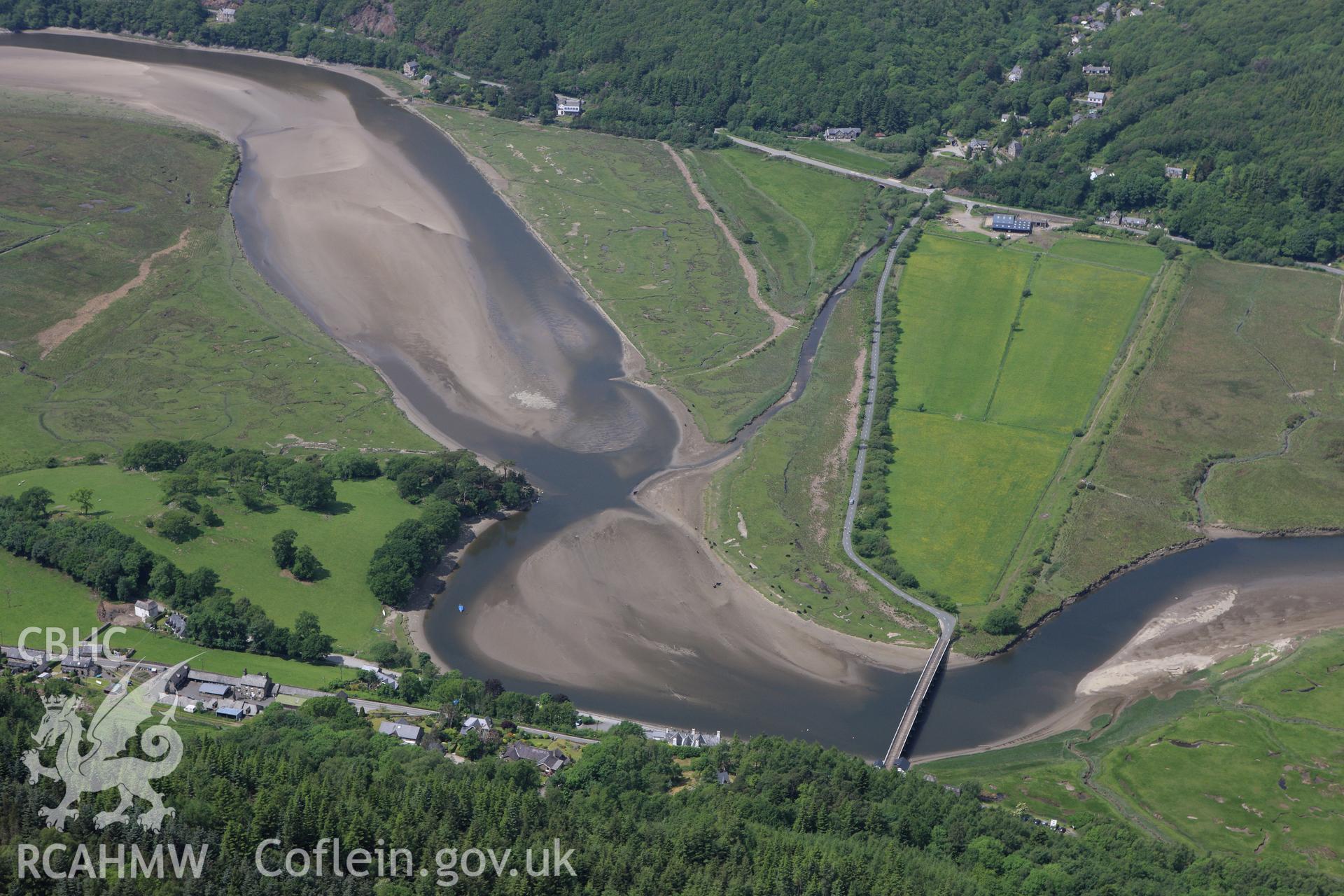 RCAHMW colour oblique aerial photograph of Penmaenpool Bridge. Taken on 02 June 2009 by Toby Driver