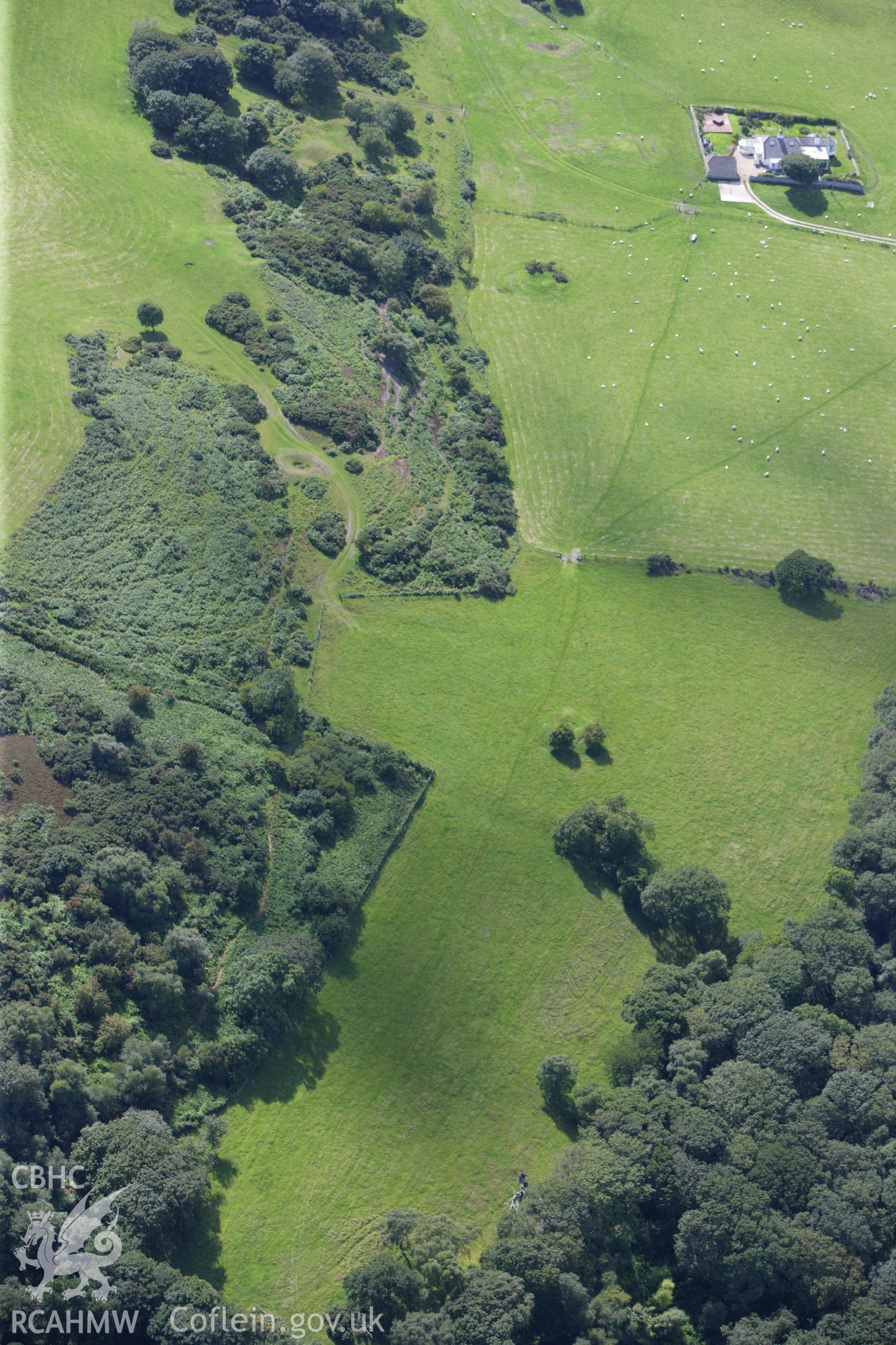 RCAHMW colour oblique aerial photograph of Coed Bell Ditched Mound. Taken on 30 July 2009 by Toby Driver