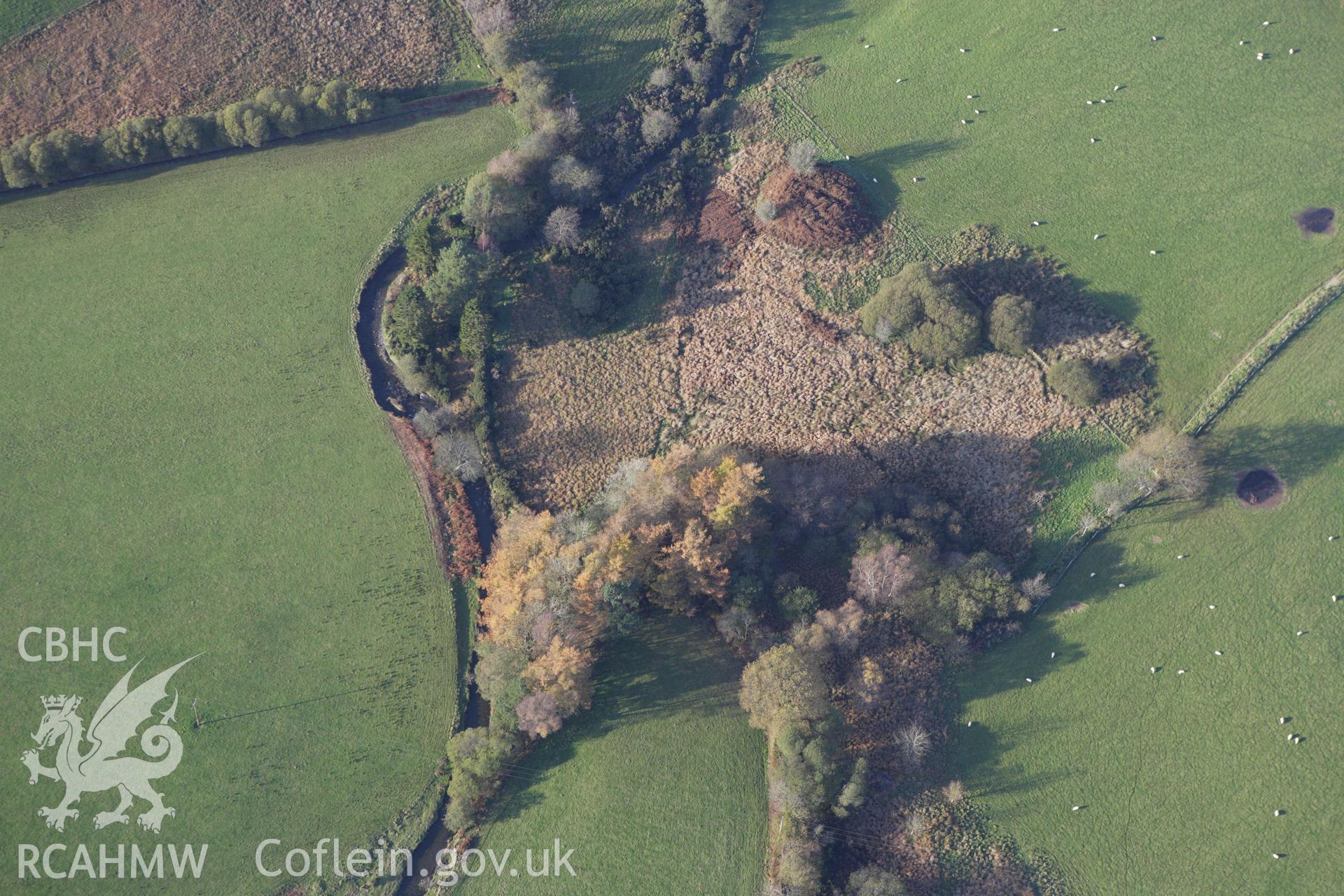 RCAHMW colour oblique aerial photograph of Cwm Meurig Motte, north-east of Ystradmeurig. Taken on 09 November 2009 by Toby Driver