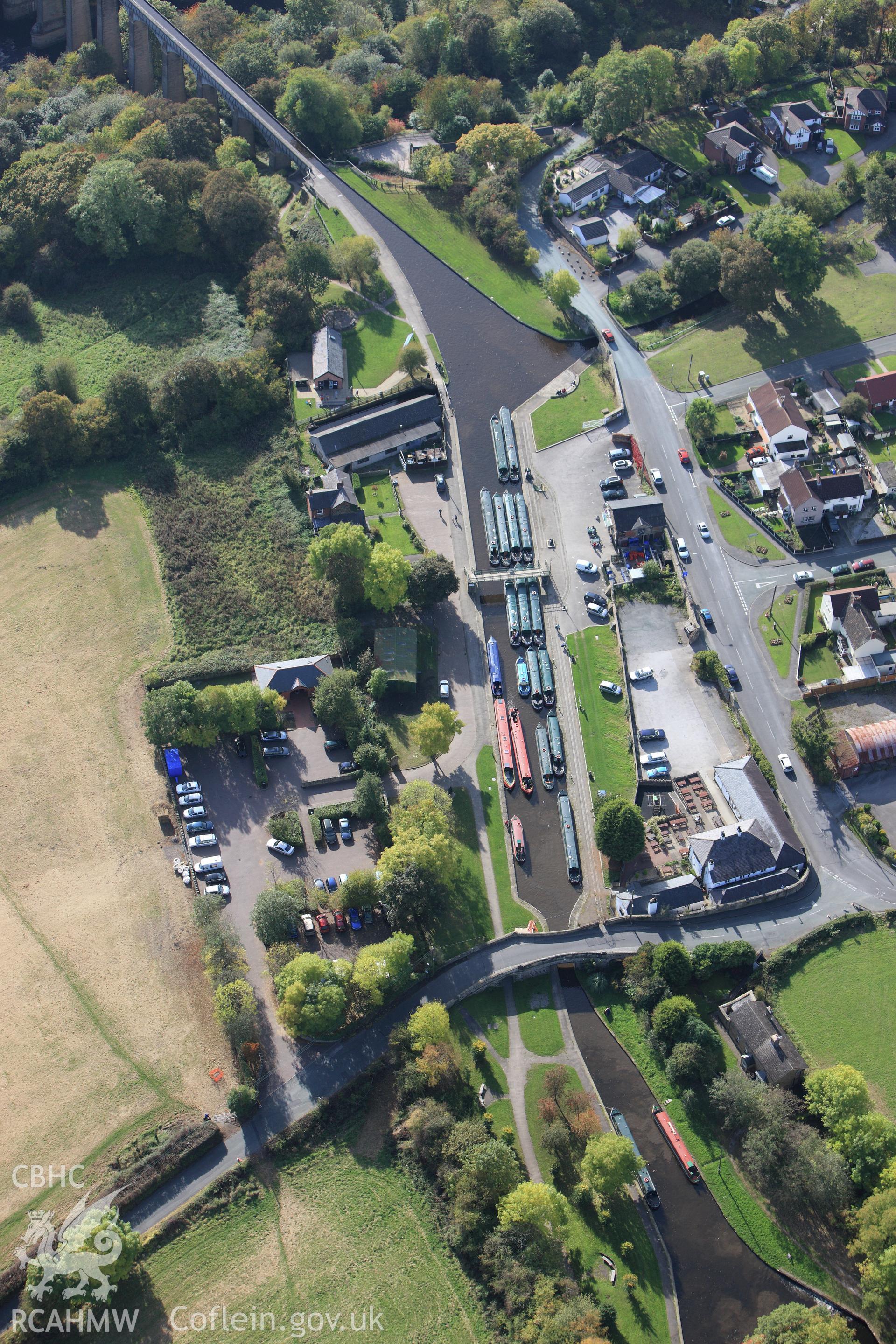 RCAHMW colour oblique aerial photograph of Trefor Wharf and Basin, Llangollen Canal. Taken on 13 October 2009 by Toby Driver