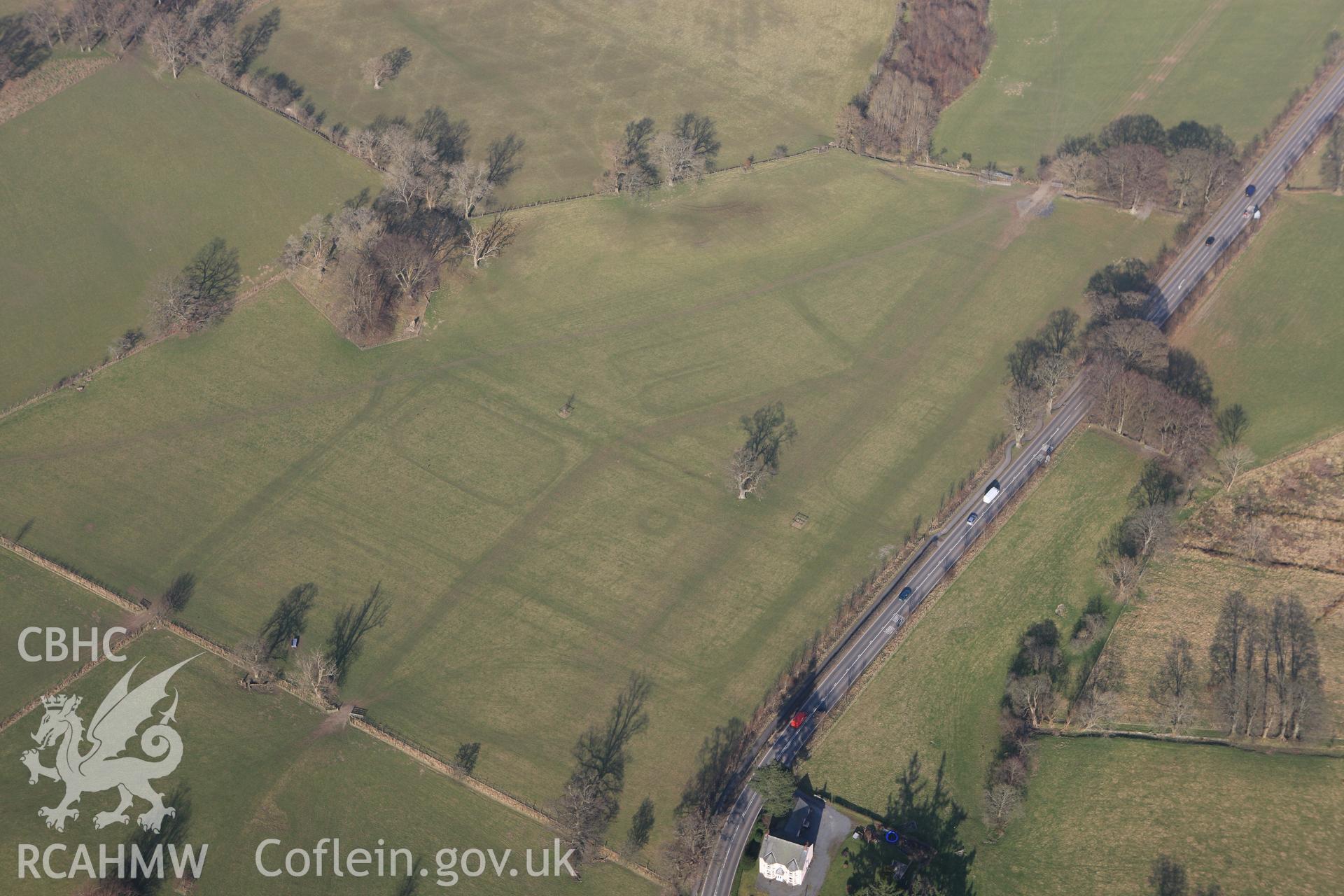 RCAHMW colour oblique photograph of Site of Bala Eisteddfod, showing ground marks of stands. Taken by Toby Driver on 18/03/2009.