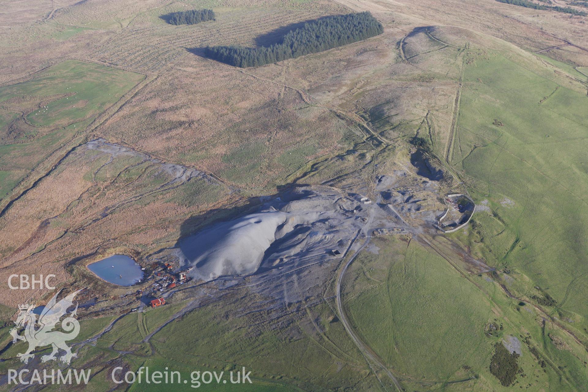 RCAHMW colour oblique aerial photograph of mine workings at Esgairmwyn Lead Mine. Taken on 09 November 2009 by Toby Driver