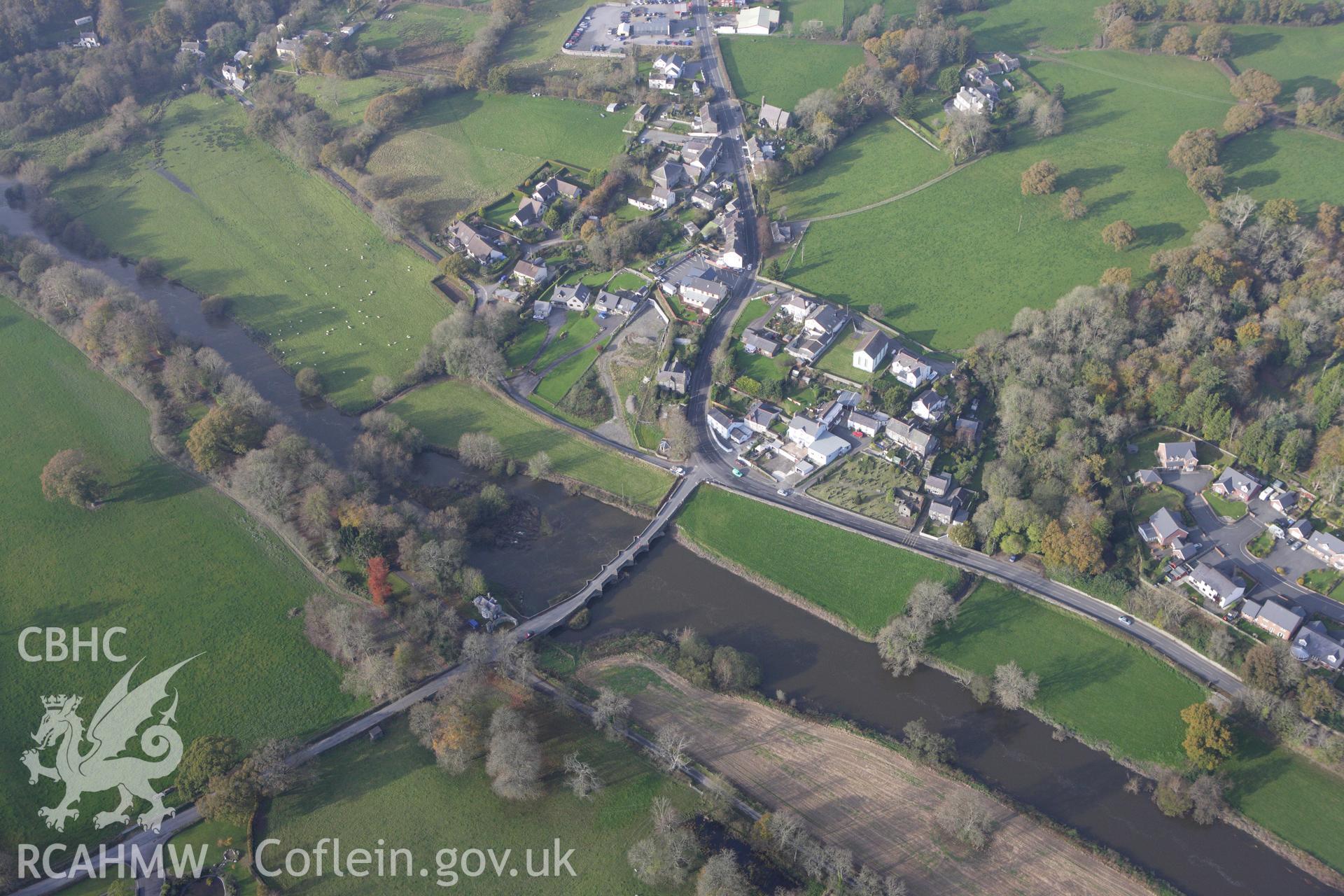 RCAHMW colour oblique aerial photograph of Llechryd Bridge, Llechryd. Taken on 09 November 2009 by Toby Driver