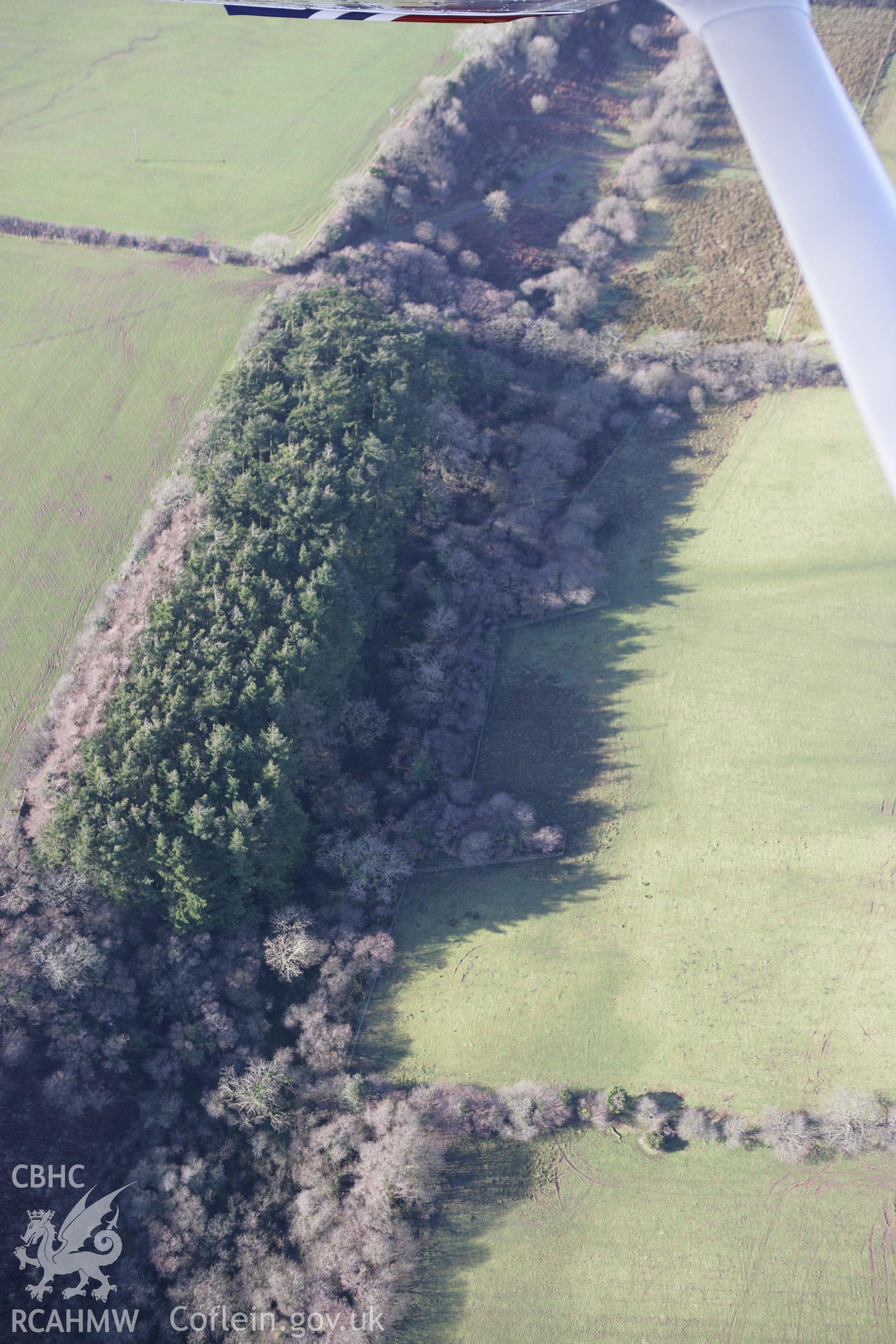 RCAHMW colour oblique aerial photograph of a burnt mound north of Dinaston Farm. Taken on 28 January 2009 by Toby Driver