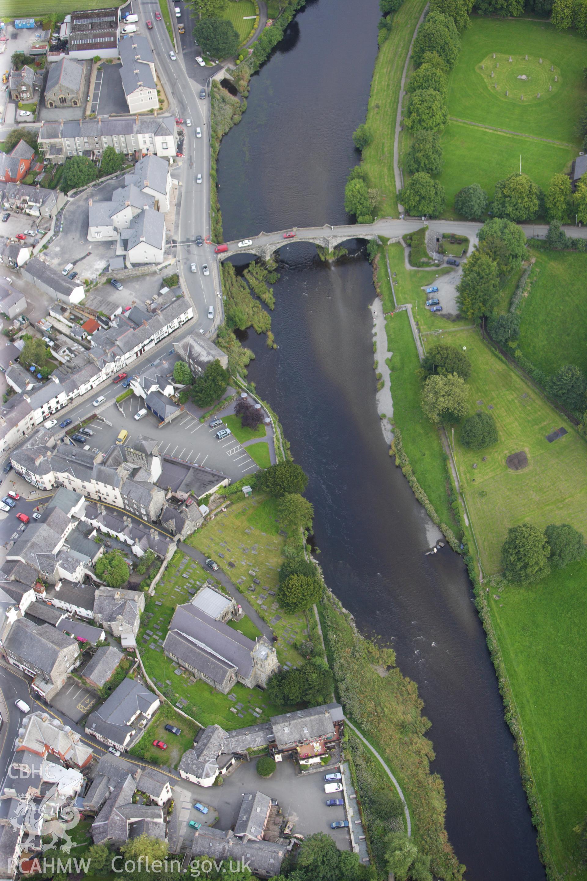 RCAHMW colour oblique aerial photograph of view of Llanrwst Bridge, (Pont Fawr) Taken on 06 August 2009 by Toby Driver