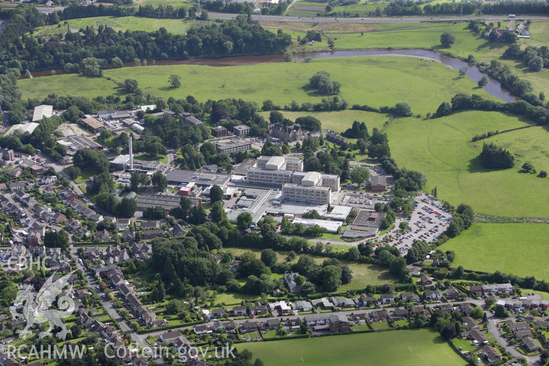 RCAHMW colour oblique aerial photograph of Nevill Hall Hospital, Abergavenny. Taken on 23 July 2009 by Toby Driver