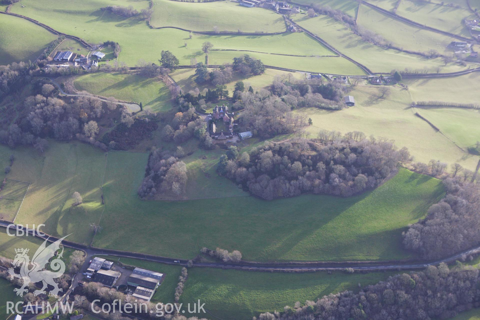 RCAHMW colour oblique aerial photograph of Cefn Brytalch Castle. Taken on 10 December 2009 by Toby Driver