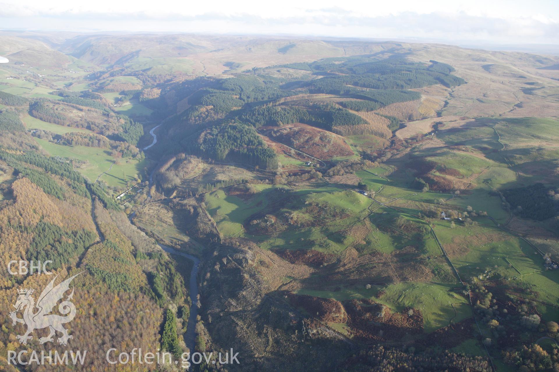 RCAHMW colour oblique aerial photograph of Storehouse Rabbit Warren, Pontrhydygroes, and surrounding landscape. Taken on 09 November 2009 by Toby Driver