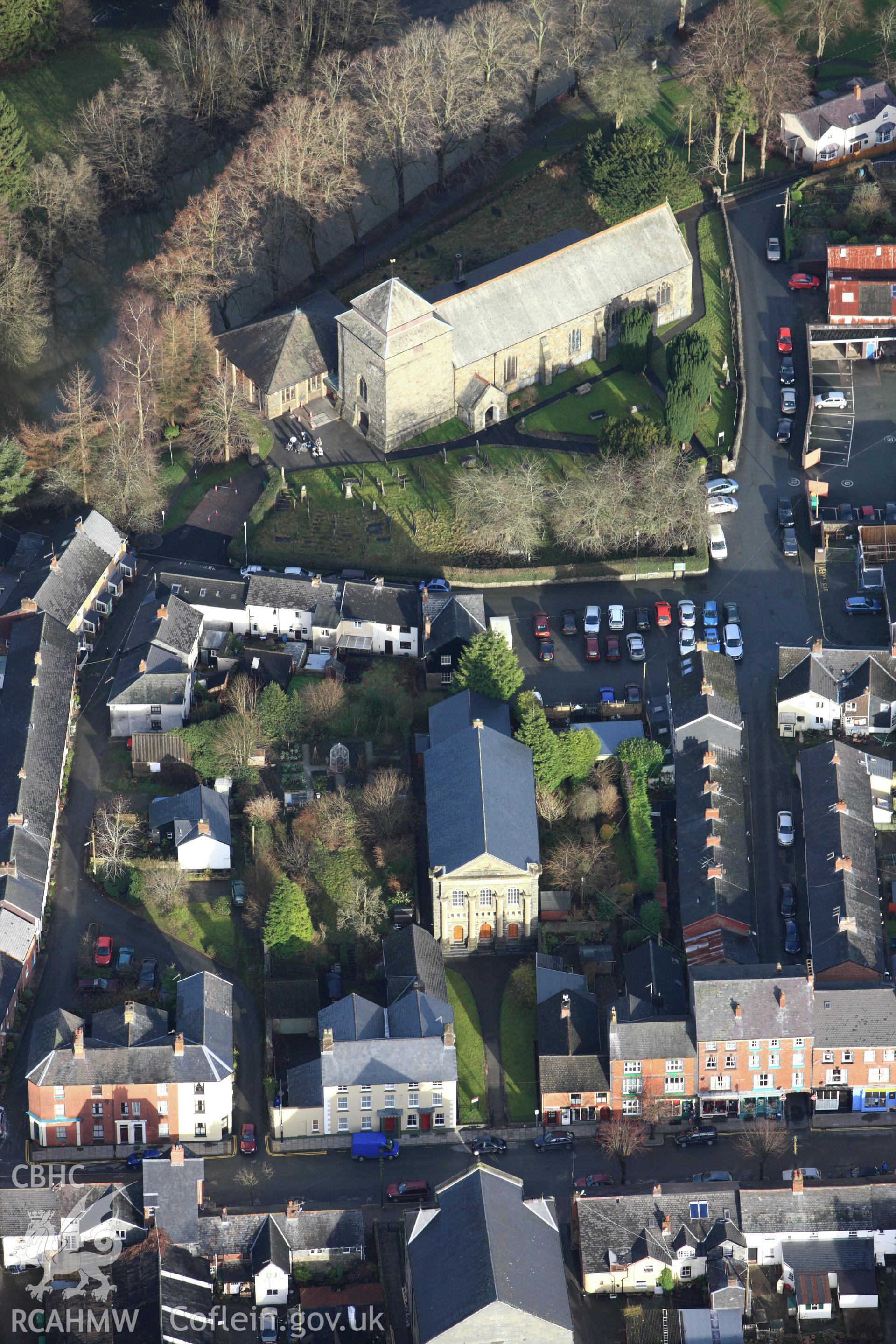 RCAHMW colour oblique aerial photograph of St Idloes' Church, Llanidloes. Taken on 10 December 2009 by Toby Driver