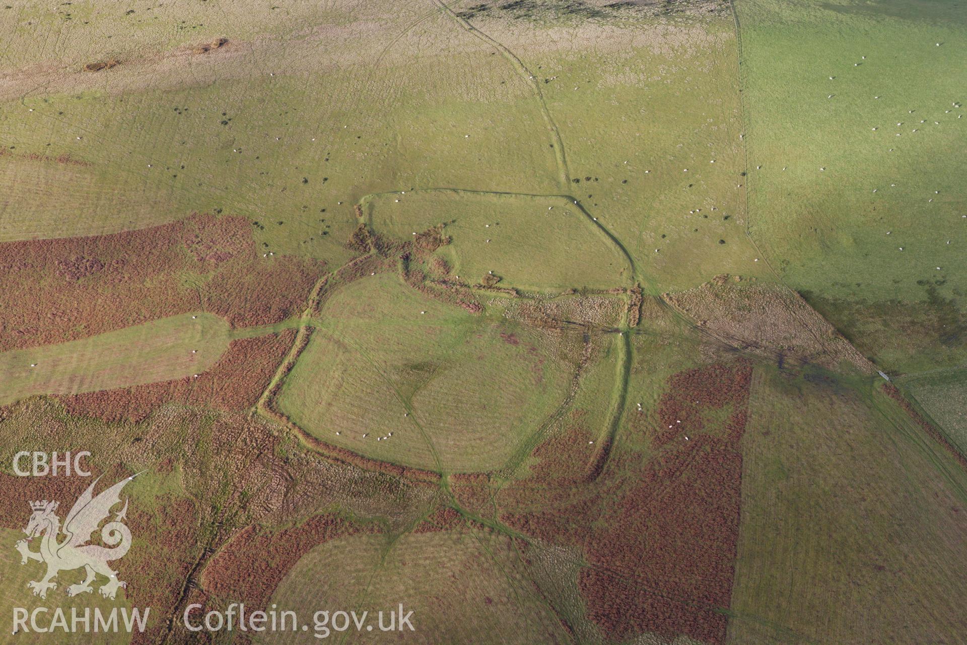 RCAHMW colour oblique aerial photograph of Castle Bank Enclosure Complex. Taken on 10 December 2009 by Toby Driver