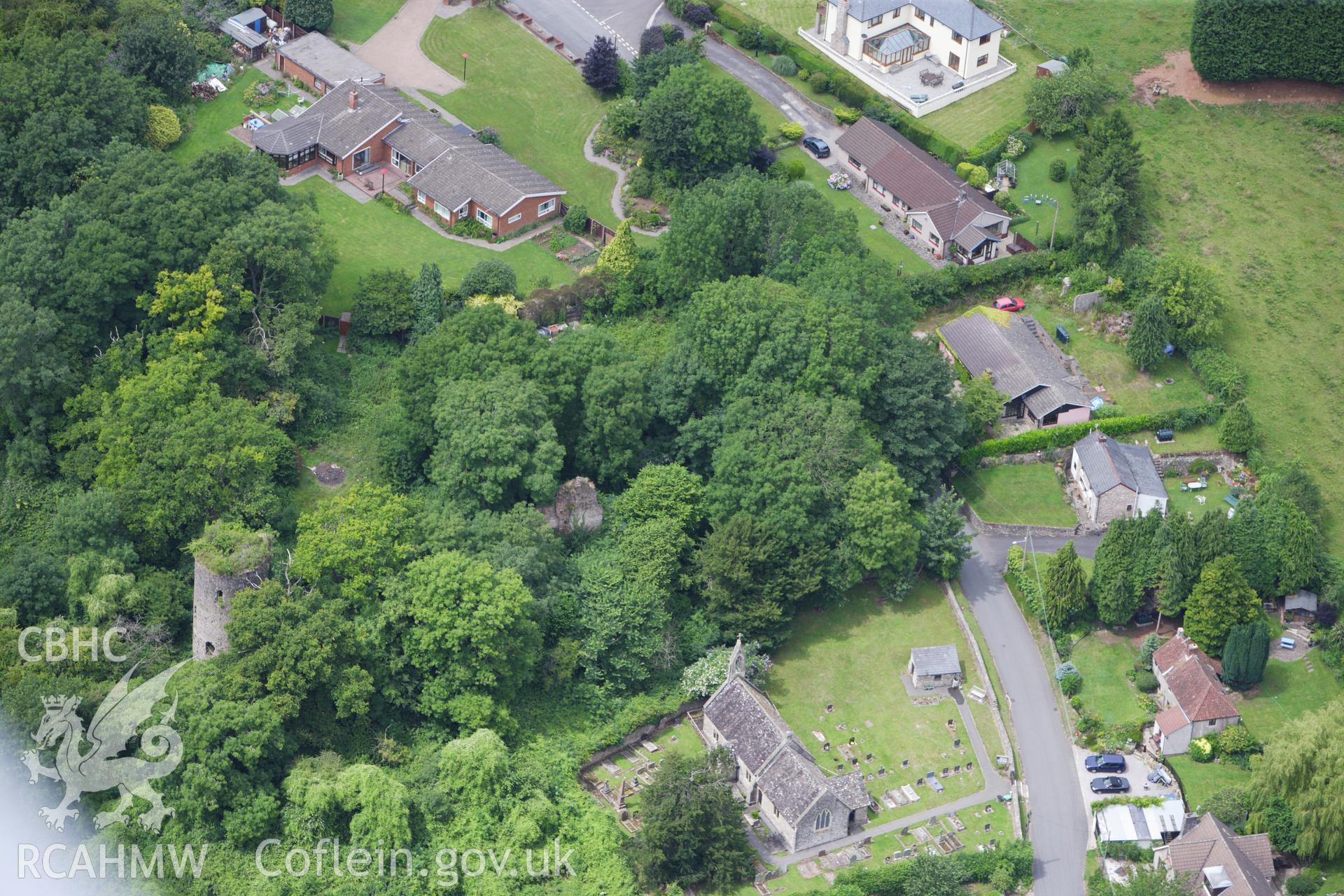 RCAHMW colour oblique aerial photograph of Llanfair Discoed Castle. Taken on 09 July 2009 by Toby Driver