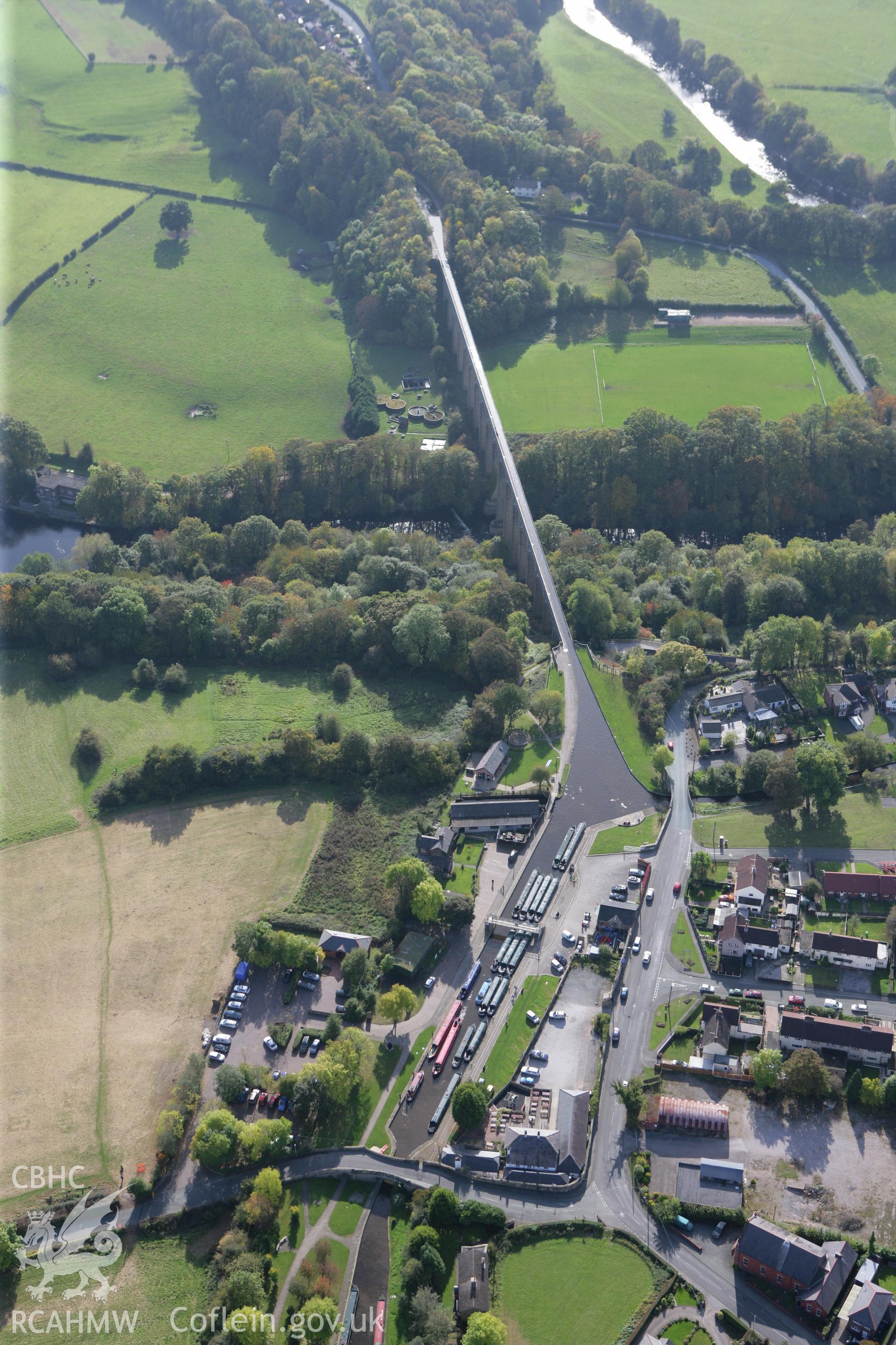 RCAHMW colour oblique aerial photograph of Trefor Wharf and Basin, Llangollen Canal. Taken on 13 October 2009 by Toby Driver