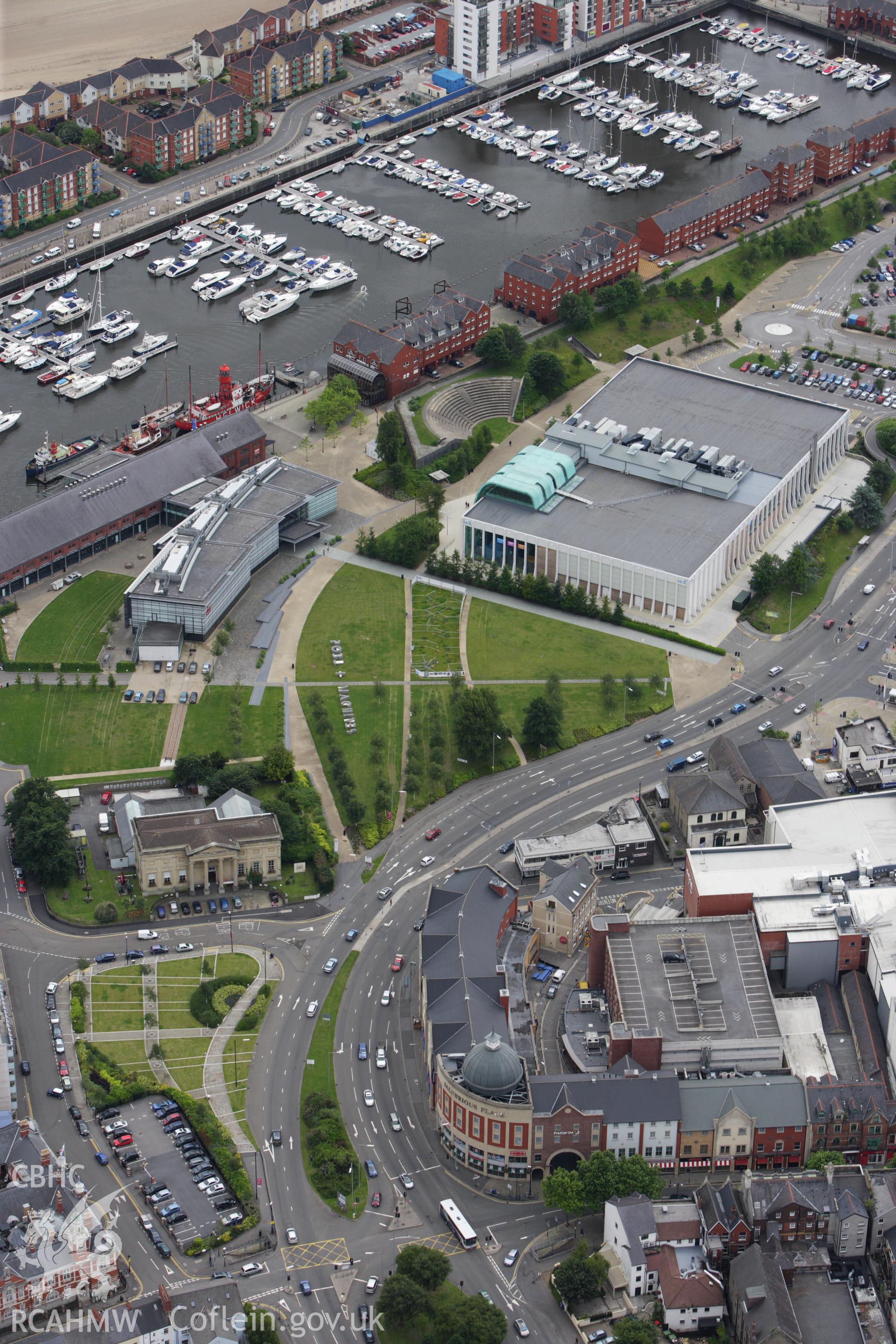 RCAHMW colour oblique aerial photograph of National Waterfront Museum, Swansea. Taken on 09 July 2009 by Toby Driver