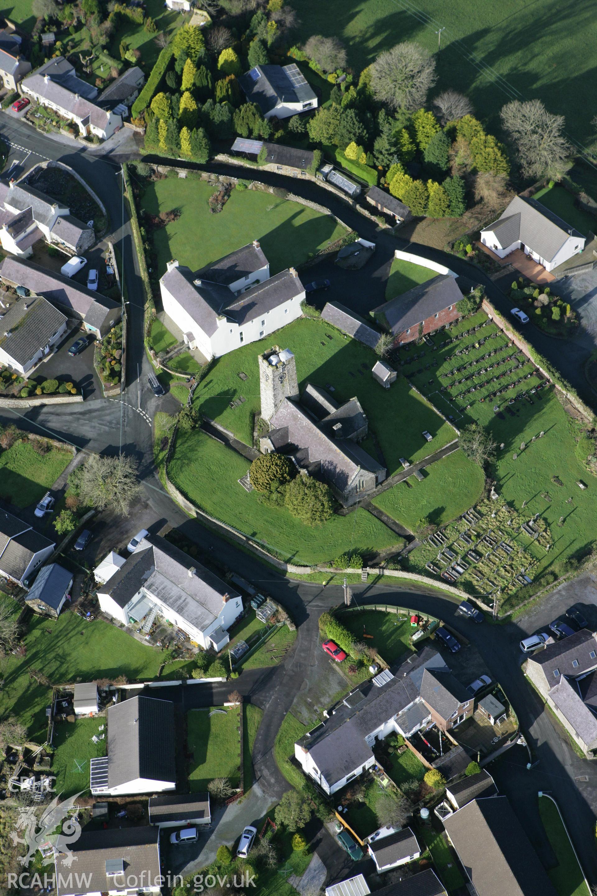 RCAHMW colour oblique aerial photograph of St Jeffrey and St Oswald's Church, Jeffreyston. Taken on 28 January 2009 by Toby Driver