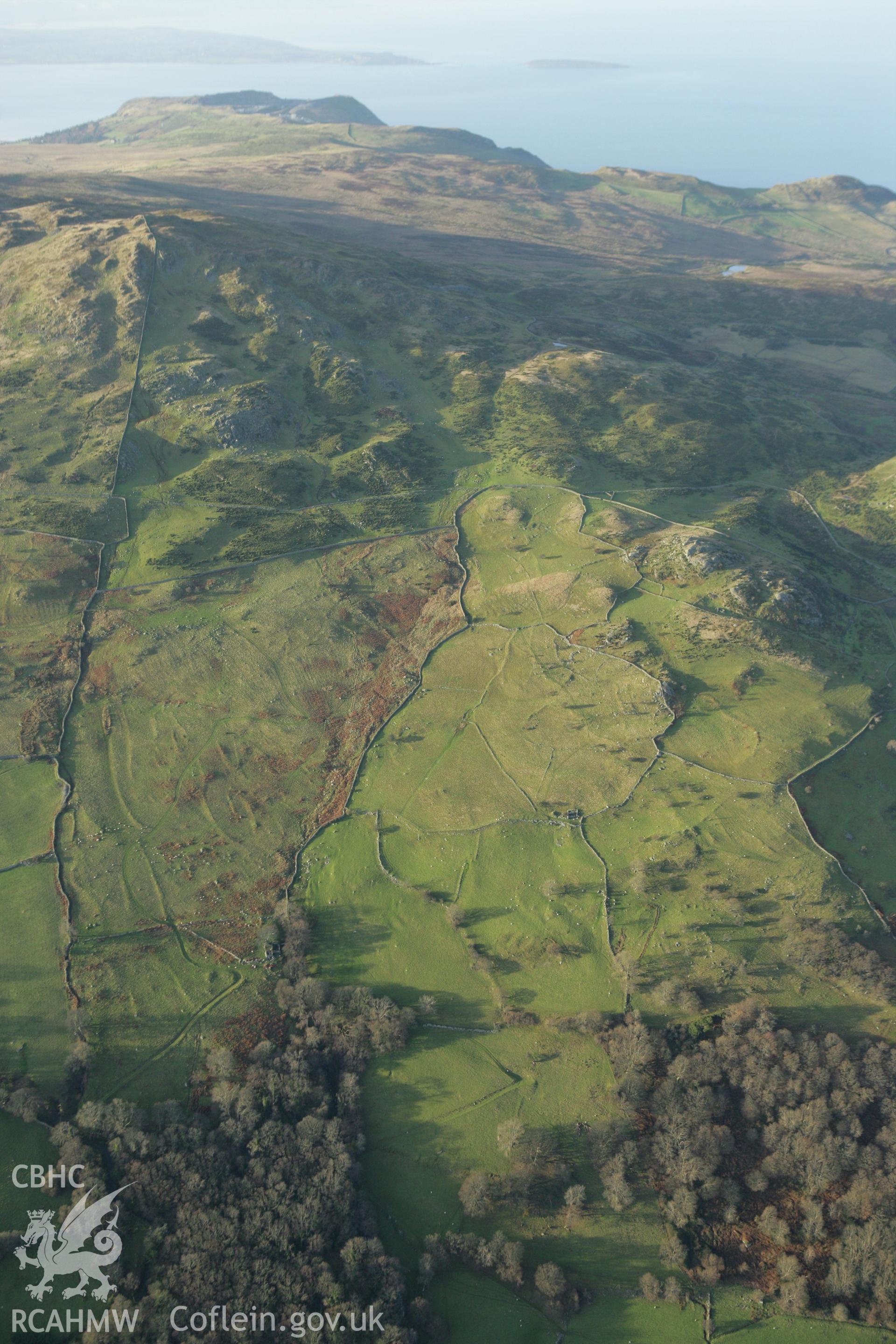 RCAHMW colour oblique aerial photograph of an enclosure near Caer Bach Hillfort, Ffirth y Ddwyffrwd, viewed from the south-east. Taken on 10 December 2009 by Toby Driver