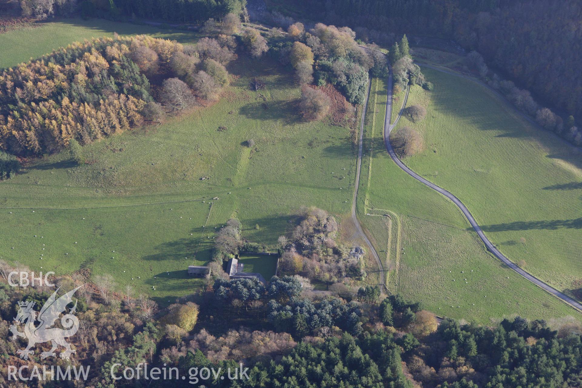 RCAHMW colour oblique aerial photograph of Hafod Uchtryd Gardens, Pontrhydygroes, and the site of the mansion. Taken on 09 November 2009 by Toby Driver