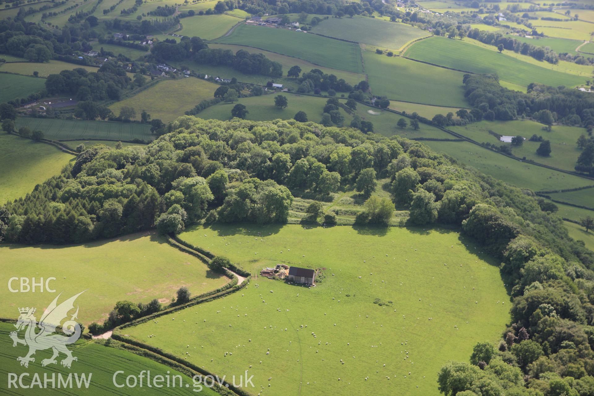 RCAHMW colour oblique aerial photograph of Coed-y-Bwnyff Enclosure (Coed y Bwynydd Camp). Taken on 11 June 2009 by Toby Driver