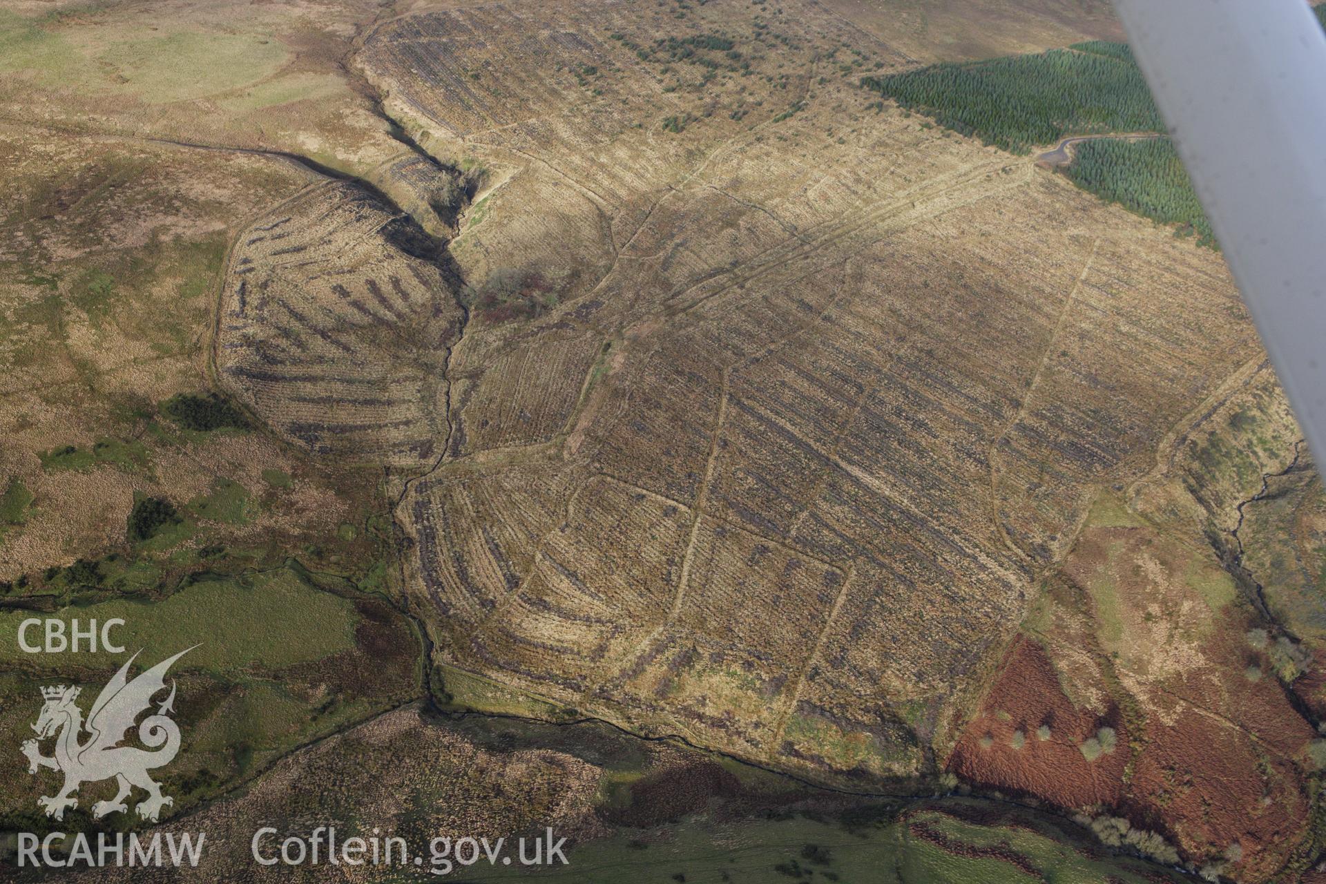 RCAHMW colour oblique aerial photograph of cleared forestry revealing field boundaries and the runined Cwm-Graig Farmhouse. Taken on 10 December 2009 by Toby Driver