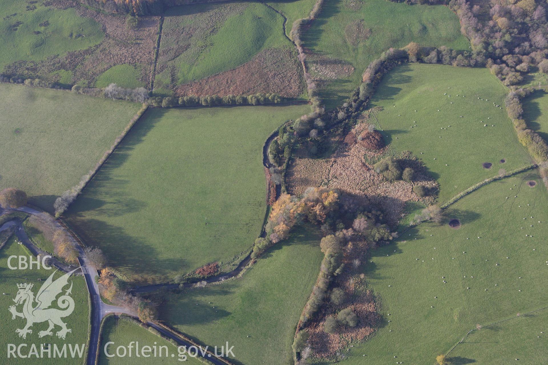 RCAHMW colour oblique aerial photograph of Cwm Meurig Motte, north-east of Ystradmeurig. Taken on 09 November 2009 by Toby Driver