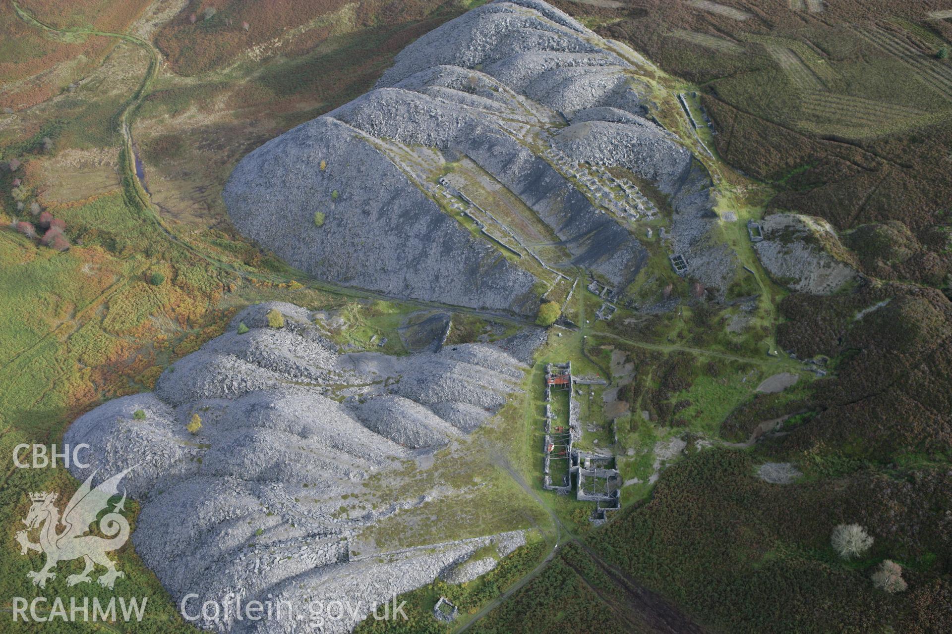 RCAHMW colour oblique aerial photograph of Moel Fferna Slate Mine. Taken on 13 October 2009 by Toby Driver