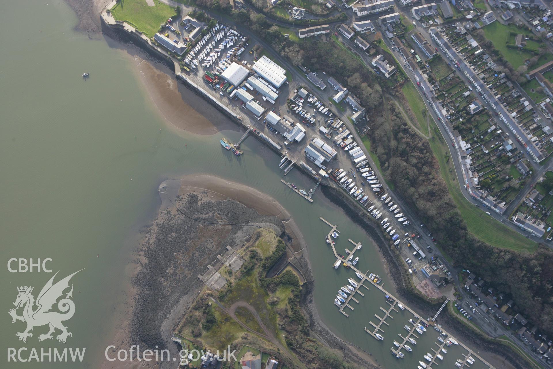 RCAHMW colour oblique photograph of Neyland marina; Ice factory, Neyland. Taken by Toby Driver on 11/02/2009.