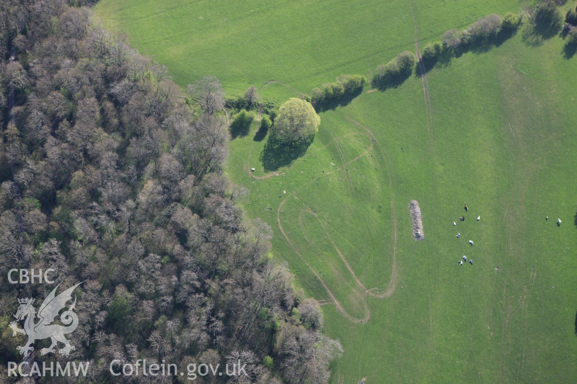 RCAHMW colour oblique aerial photograph of Pentre Wood Defended Enclosure. Taken on 21 April 2009 by Toby Driver