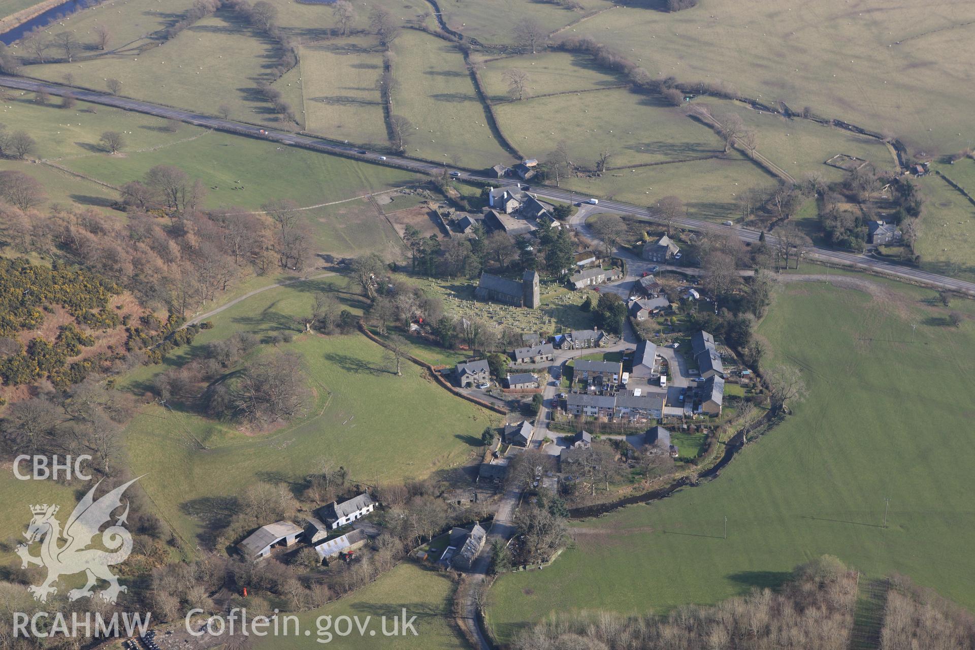 RCAHMW colour oblique photograph of Pen Ucha'r Llan, Castle earthworks. Taken by Toby Driver on 18/03/2009.