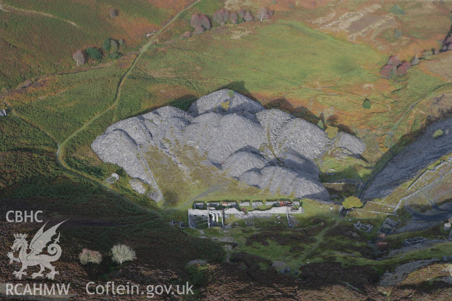 RCAHMW colour oblique aerial photograph of Moel Fferna Slate Mine. Taken on 13 October 2009 by Toby Driver