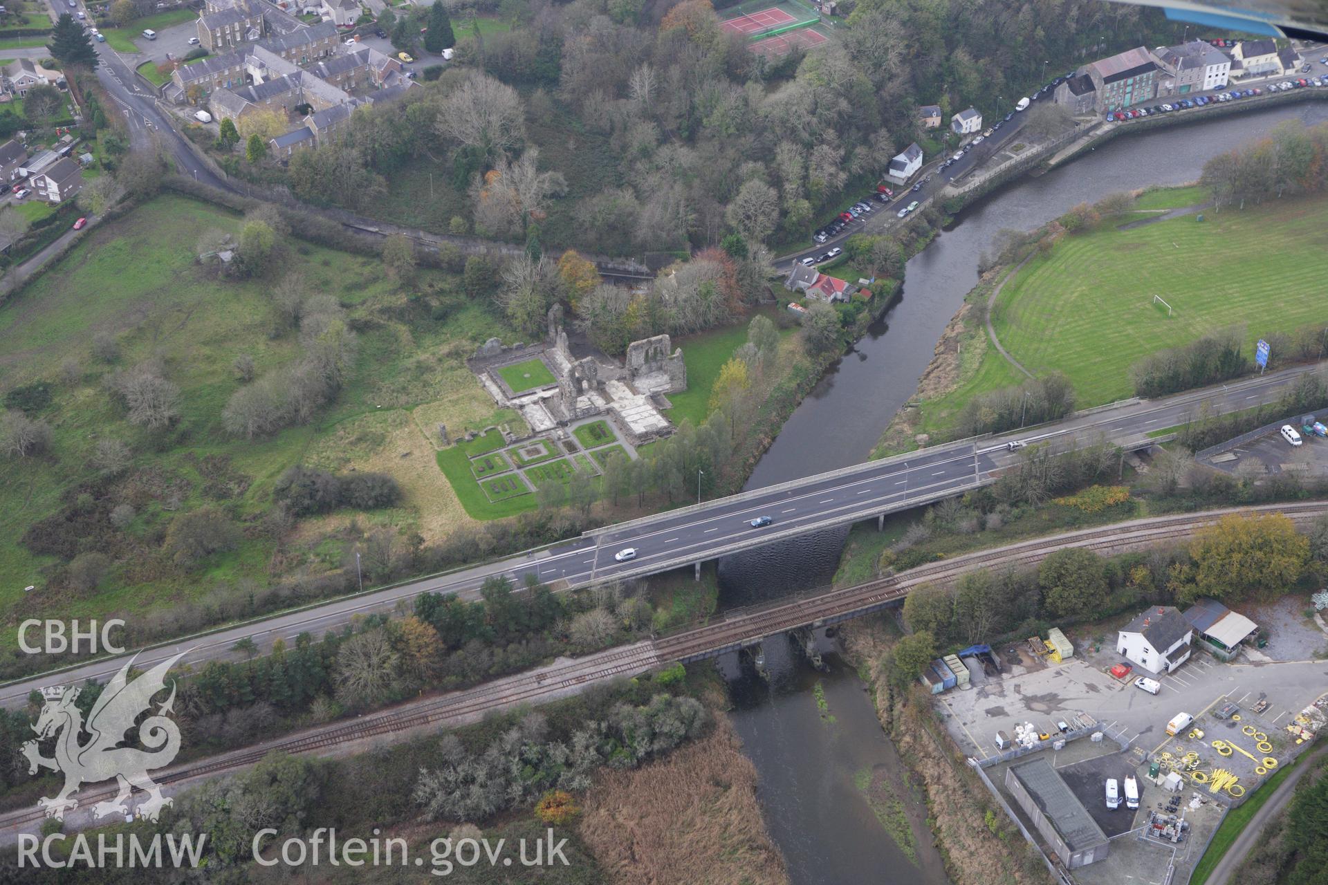 RCAHMW colour oblique aerial photograph of Priory of St Mary and St Thomas The Martyr, Haverfordwest. Taken on 09 November 2009 by Toby Driver