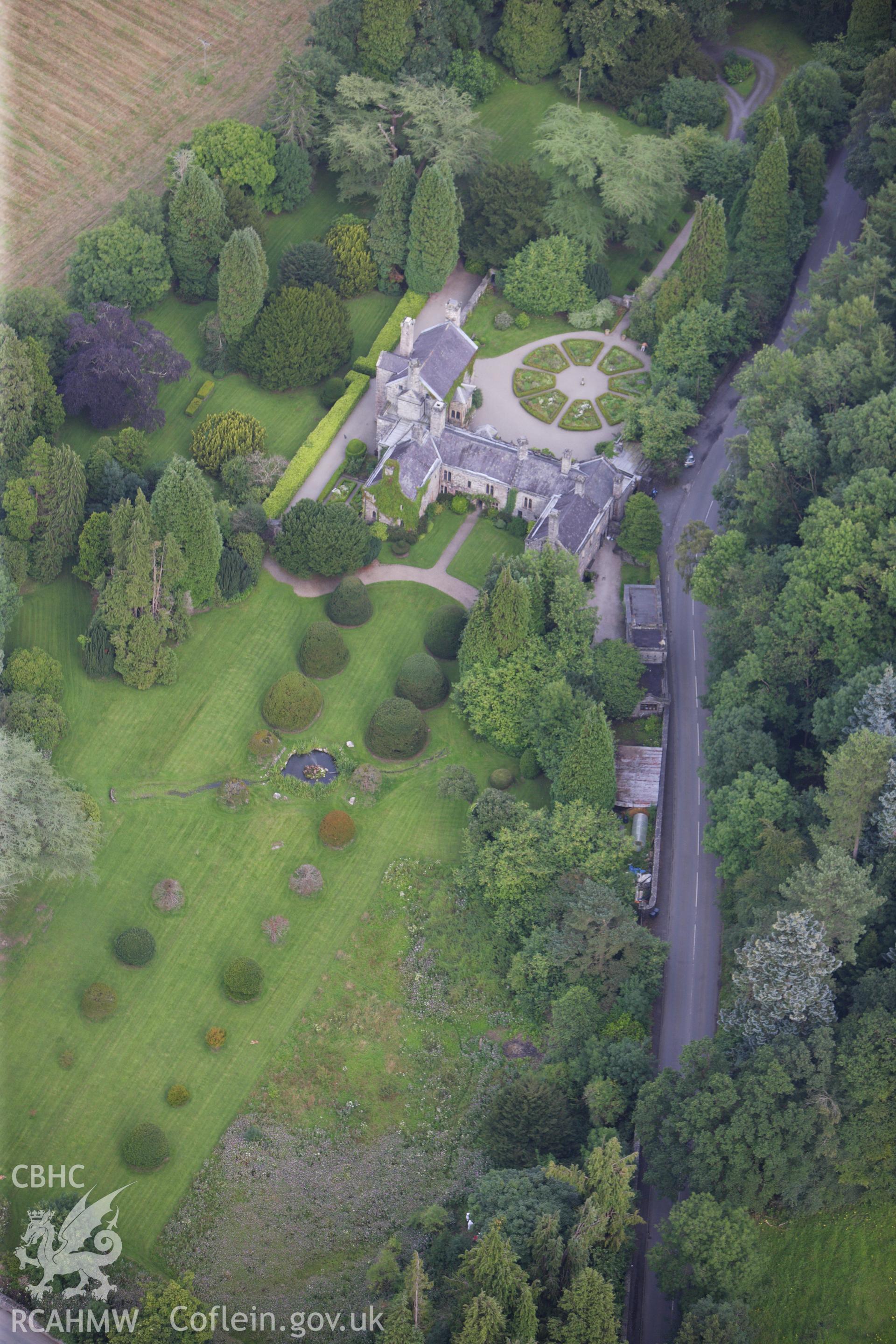 RCAHMW colour oblique aerial photograph of Gwydir Castle. Taken on 06 August 2009 by Toby Driver