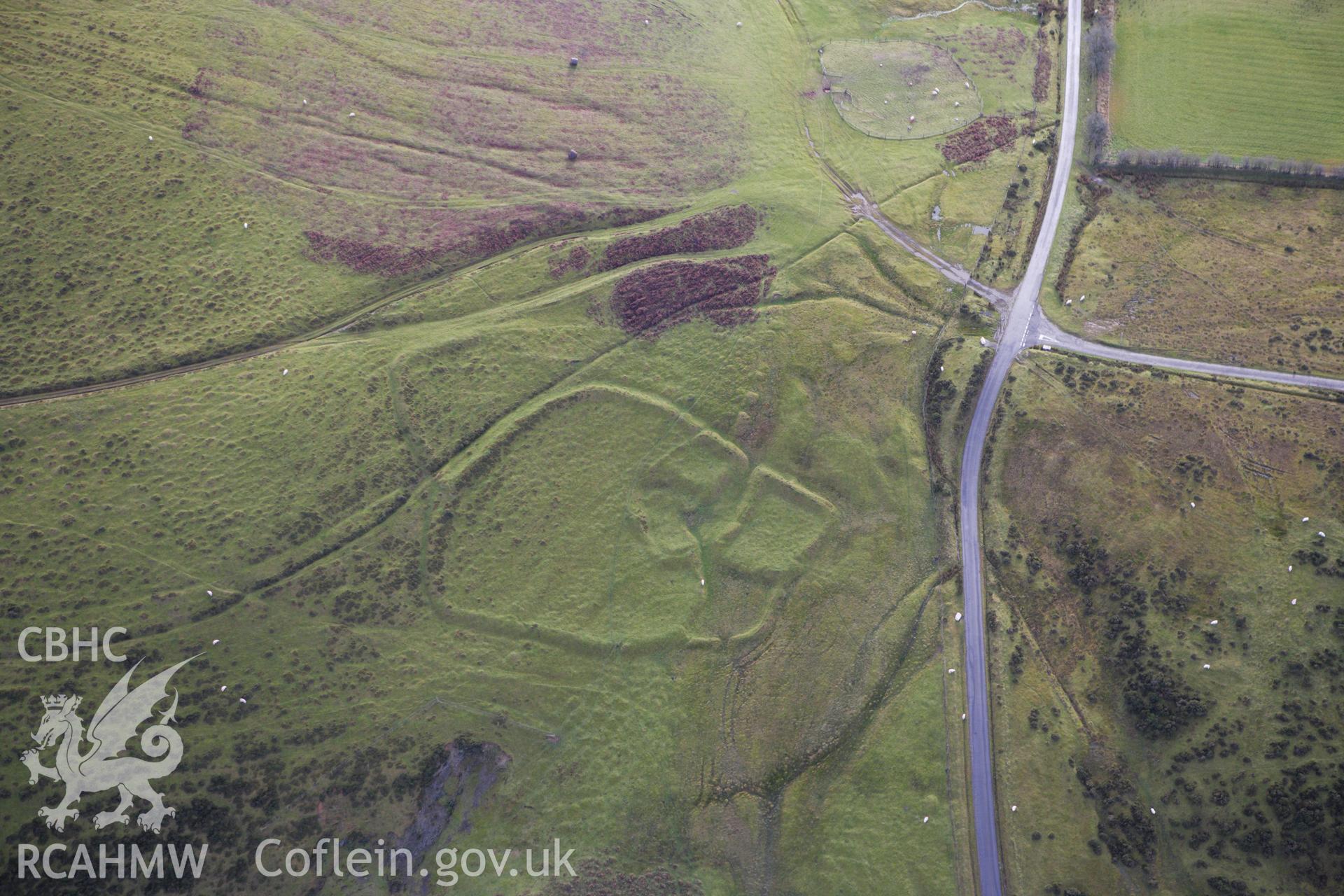 RCAHMW colour oblique aerial photograph of Moelfre Hill Deserted Rural Settlement. Taken on 10 December 2009 by Toby Driver