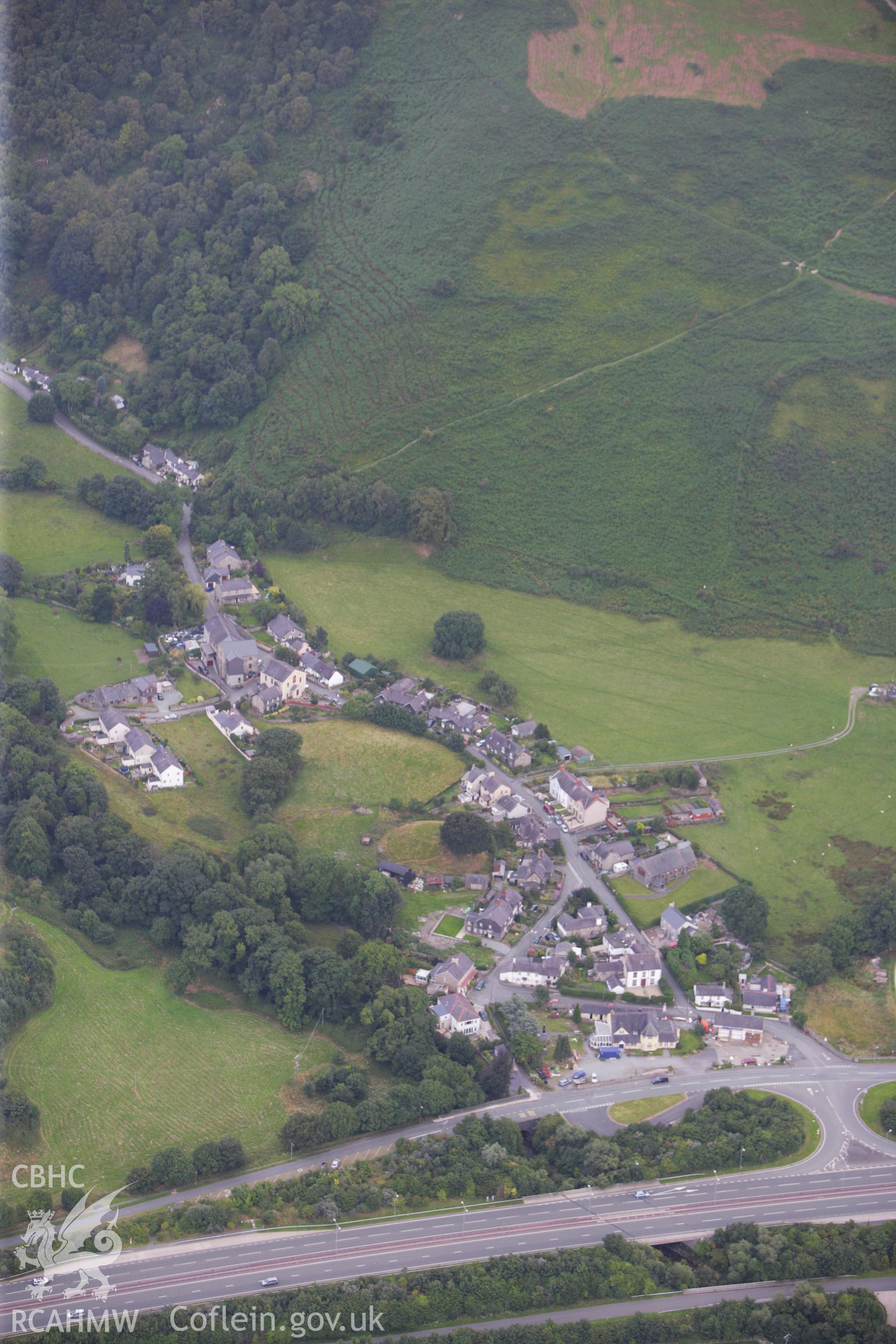 RCAHMW colour oblique aerial photograph of Aber Castle or Pen-y-Mwd Mound. Taken on 06 August 2009 by Toby Driver