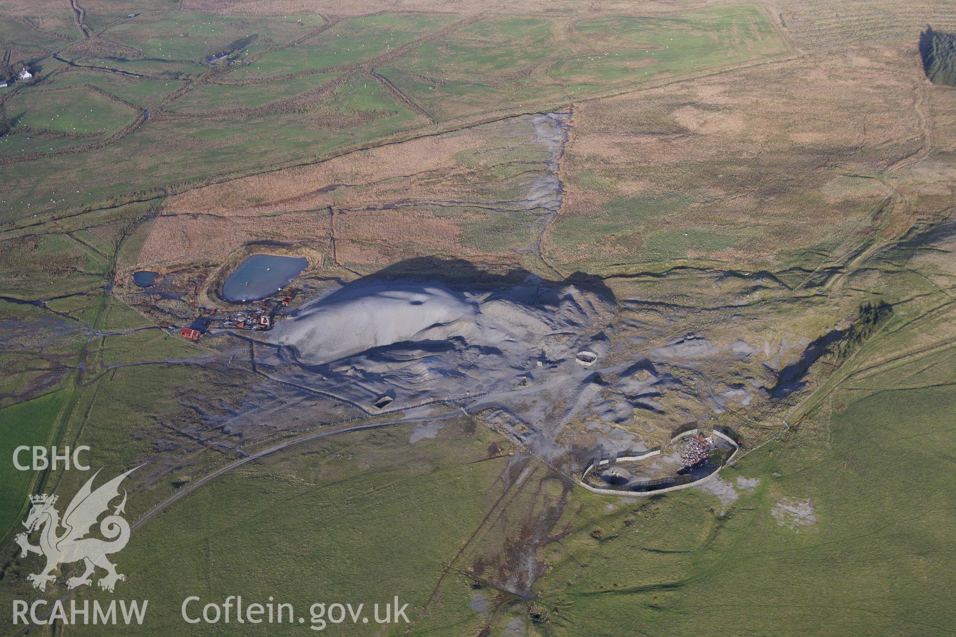 RCAHMW colour oblique aerial photograph of mine workings at Esgairmwyn Lead Mine. Taken on 09 November 2009 by Toby Driver