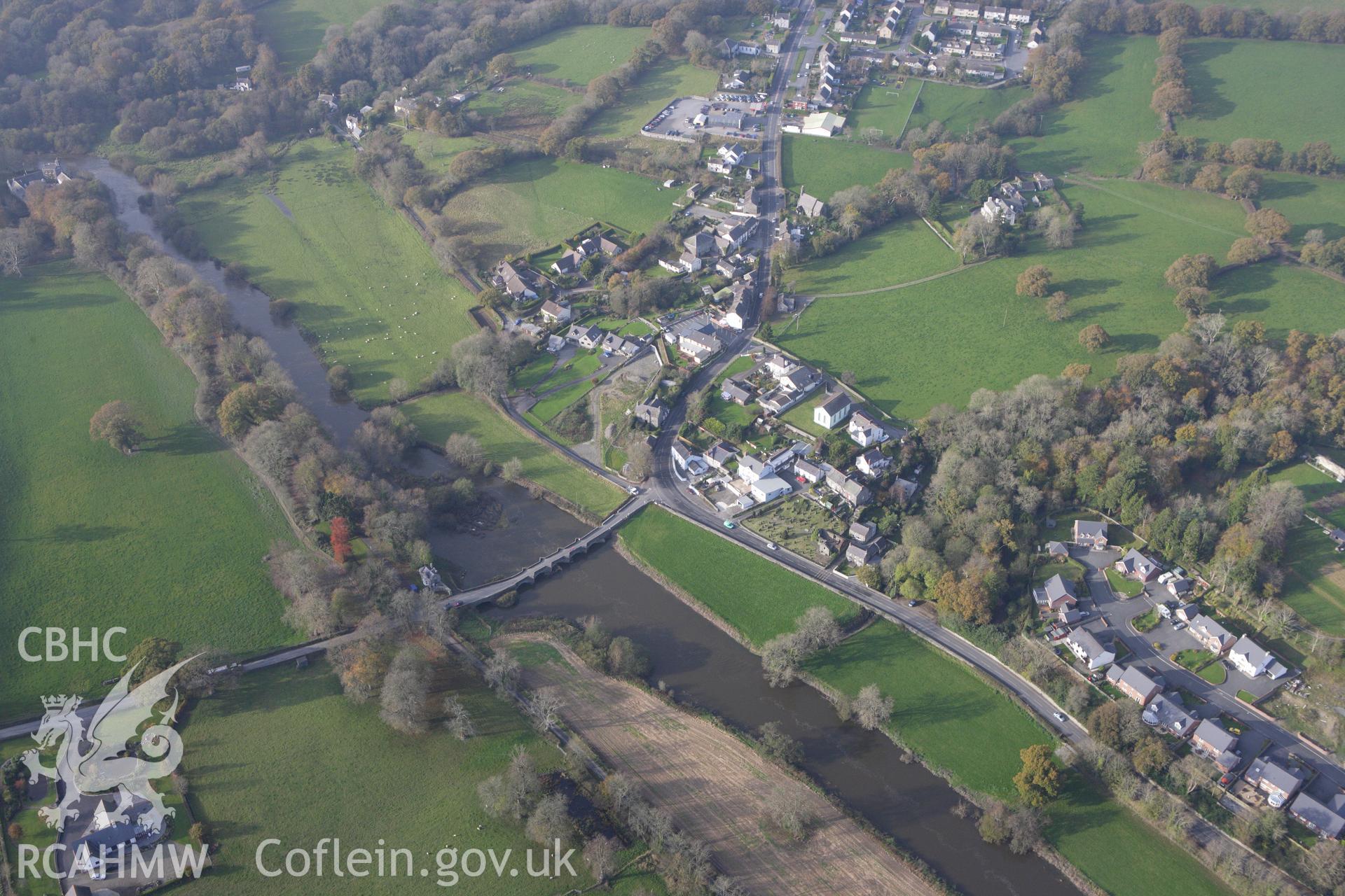 RCAHMW colour oblique aerial photograph of Llechryd Bridge, Llechryd. Taken on 09 November 2009 by Toby Driver