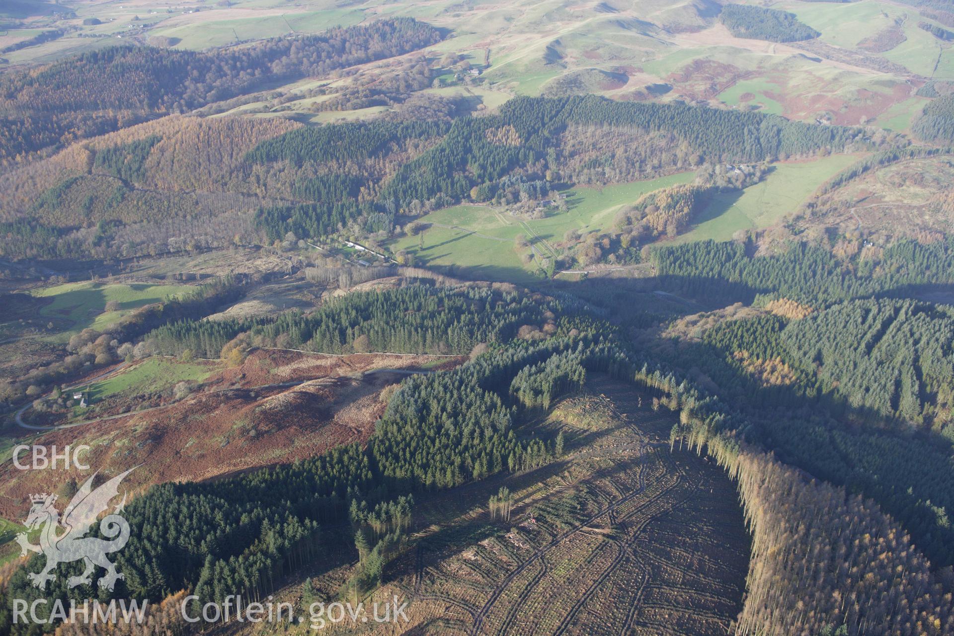 RCAHMW colour oblique aerial photograph of Hafod Uchtryd Gardens, Pontrhydygroes. Taken on 09 November 2009 by Toby Driver