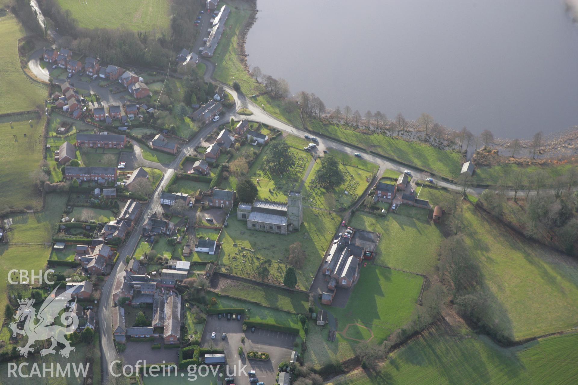 RCAHMW colour oblique photograph of Hanmer village. Taken by Toby Driver on 21/01/2009.