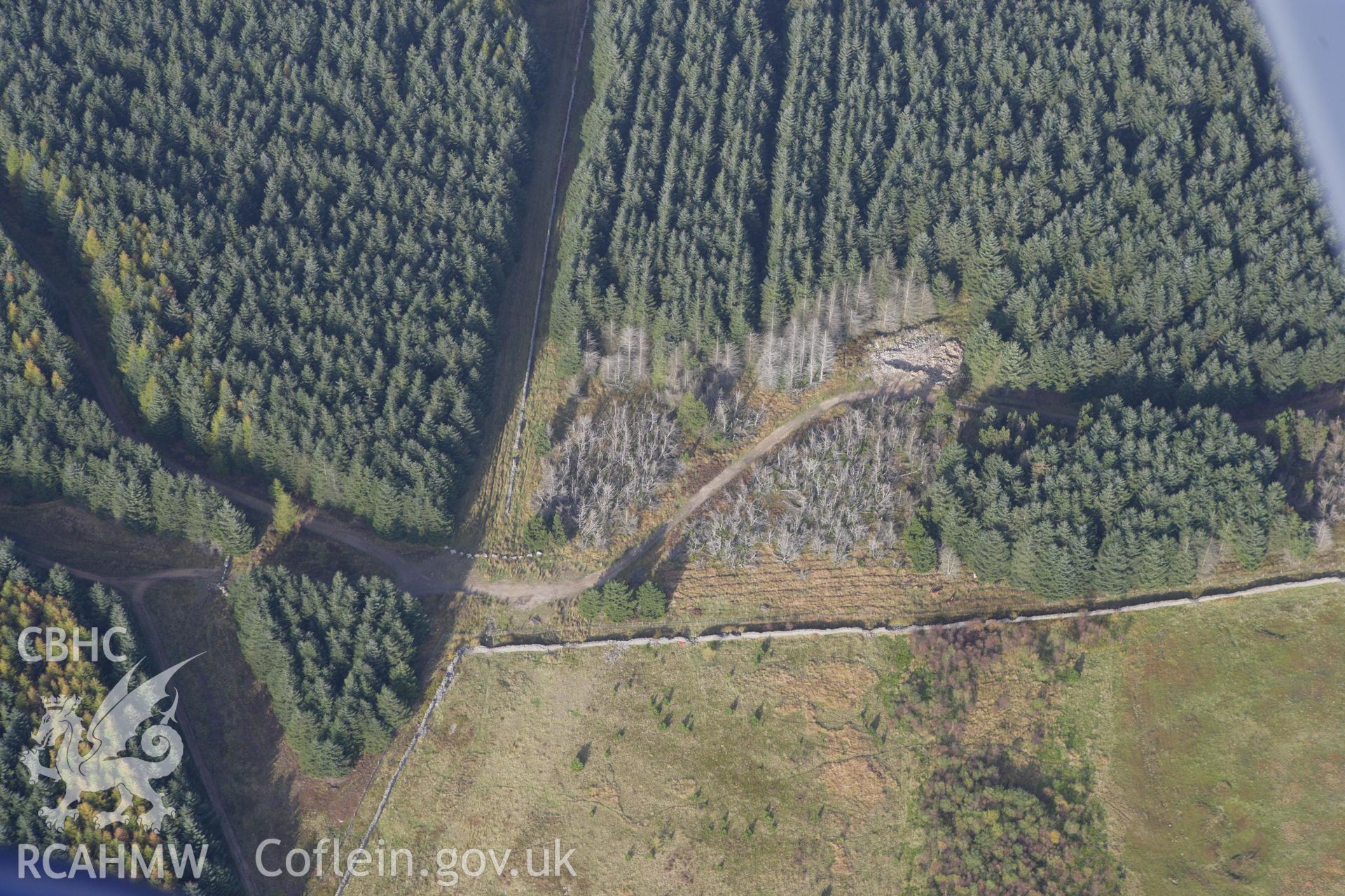 RCAHMW colour oblique aerial photograph of Carn Castellymeibion Ring Cairn. Taken on 14 October 2009 by Toby Driver