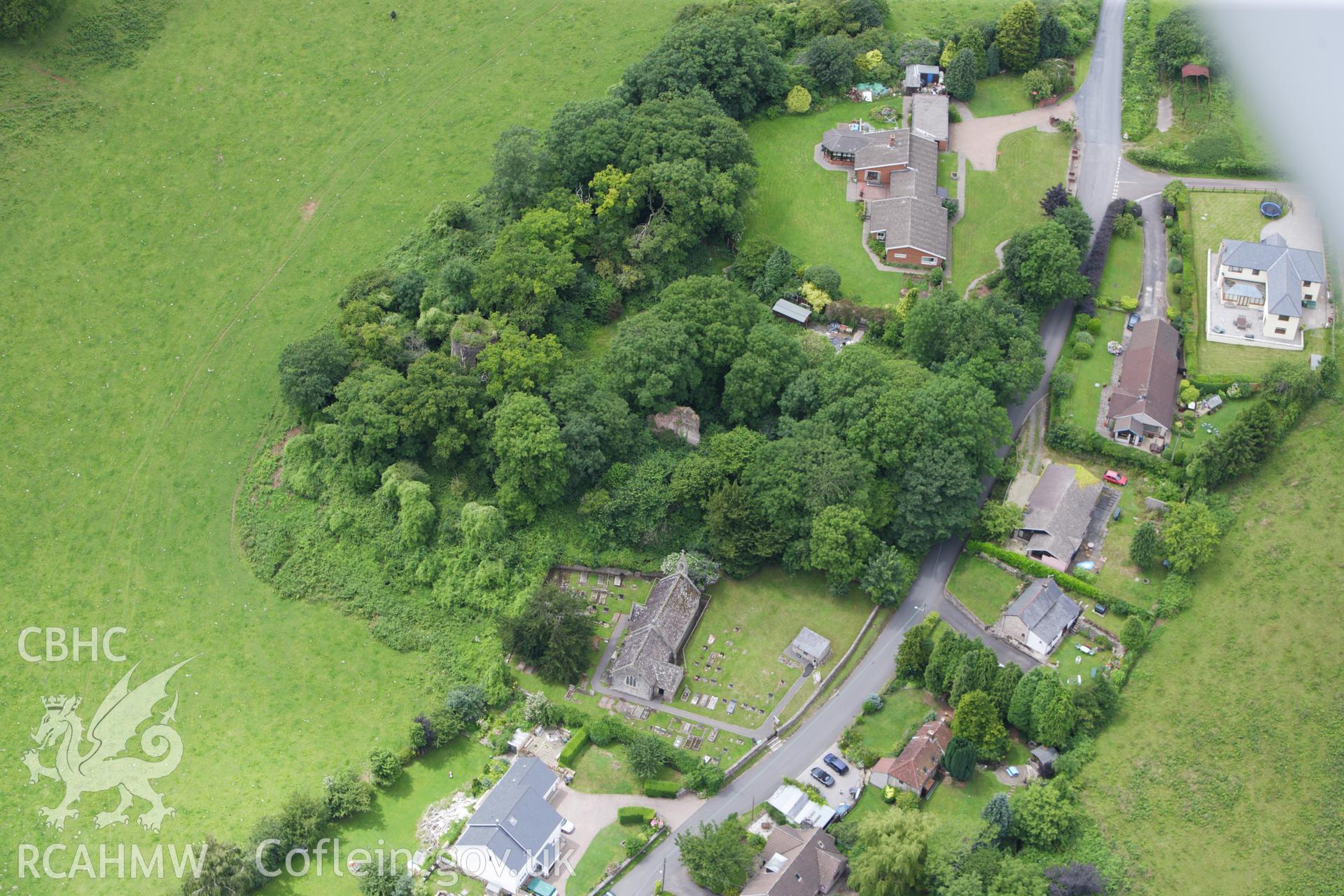 RCAHMW colour oblique aerial photograph of Llanfair Discoed Castle. Taken on 09 July 2009 by Toby Driver