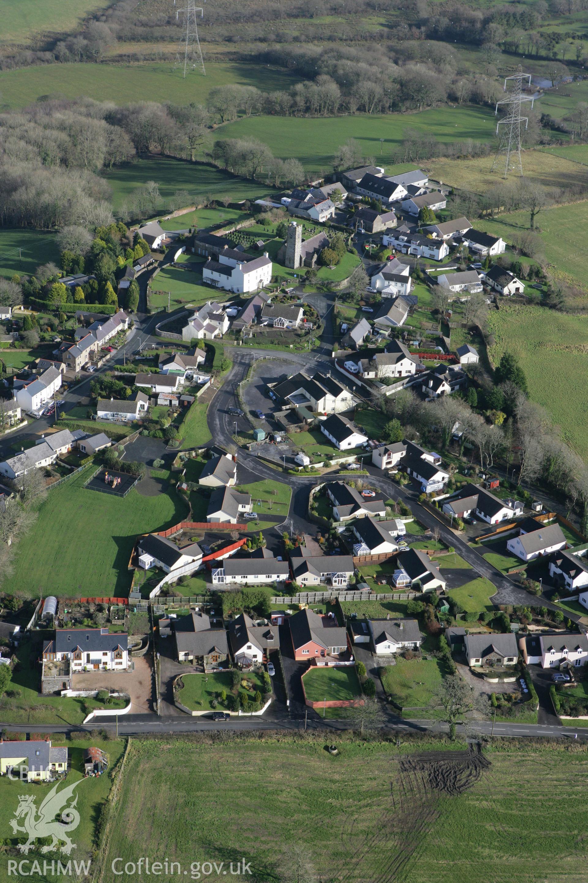 RCAHMW colour oblique aerial photograph of Jeffreyston village. Taken on 28 January 2009 by Toby Driver