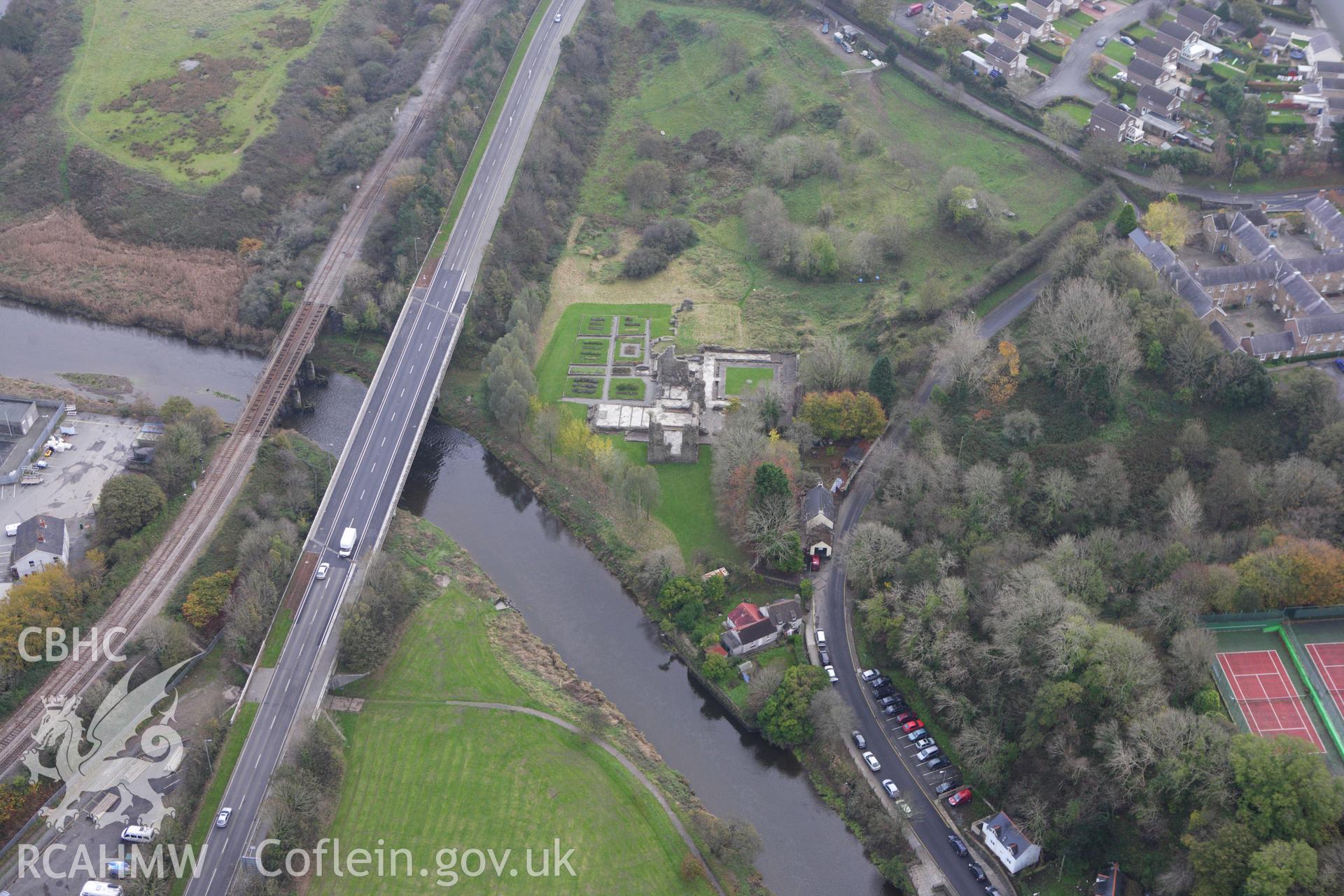 RCAHMW colour oblique aerial photograph of Priory of St Mary and St Thomas The Martyr, Haverfordwest. Taken on 09 November 2009 by Toby Driver